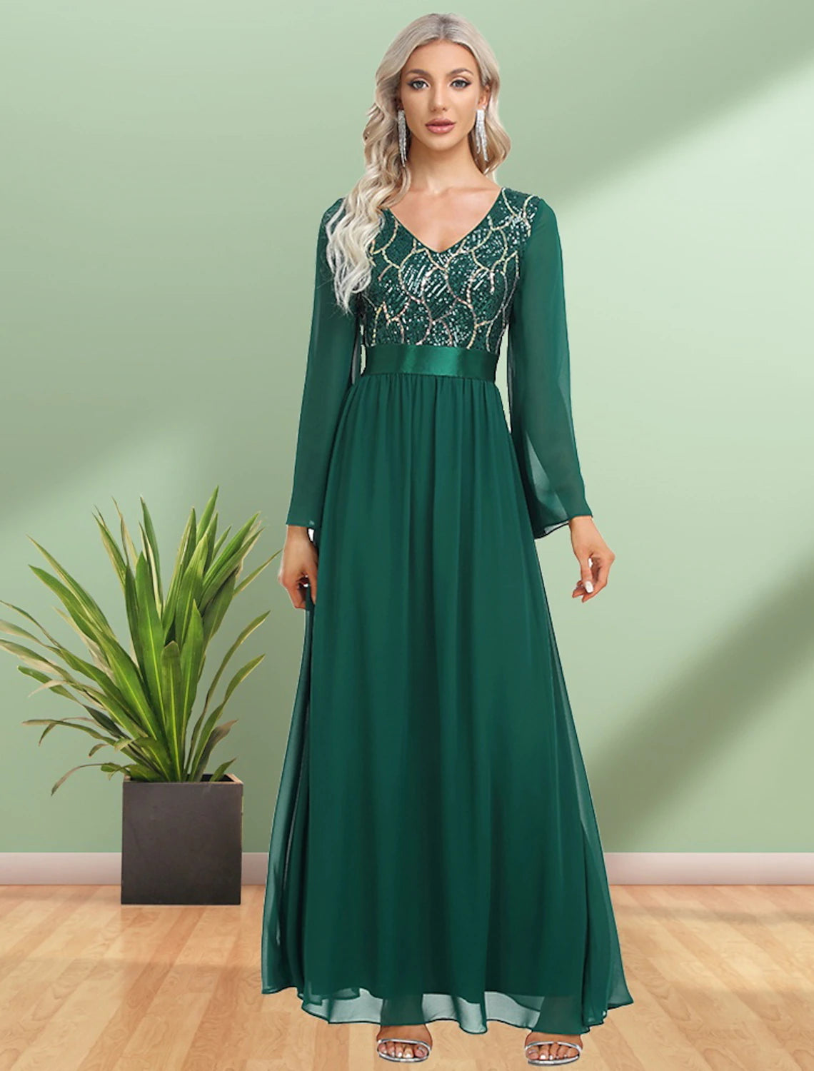 Elegant A-Line Evening Gown with Sequin Details - Floor Length Long Sleeve V-Neck Chiffon Party Dress for Women | Perfect for Prom, Gala, Wedding & Formal Events