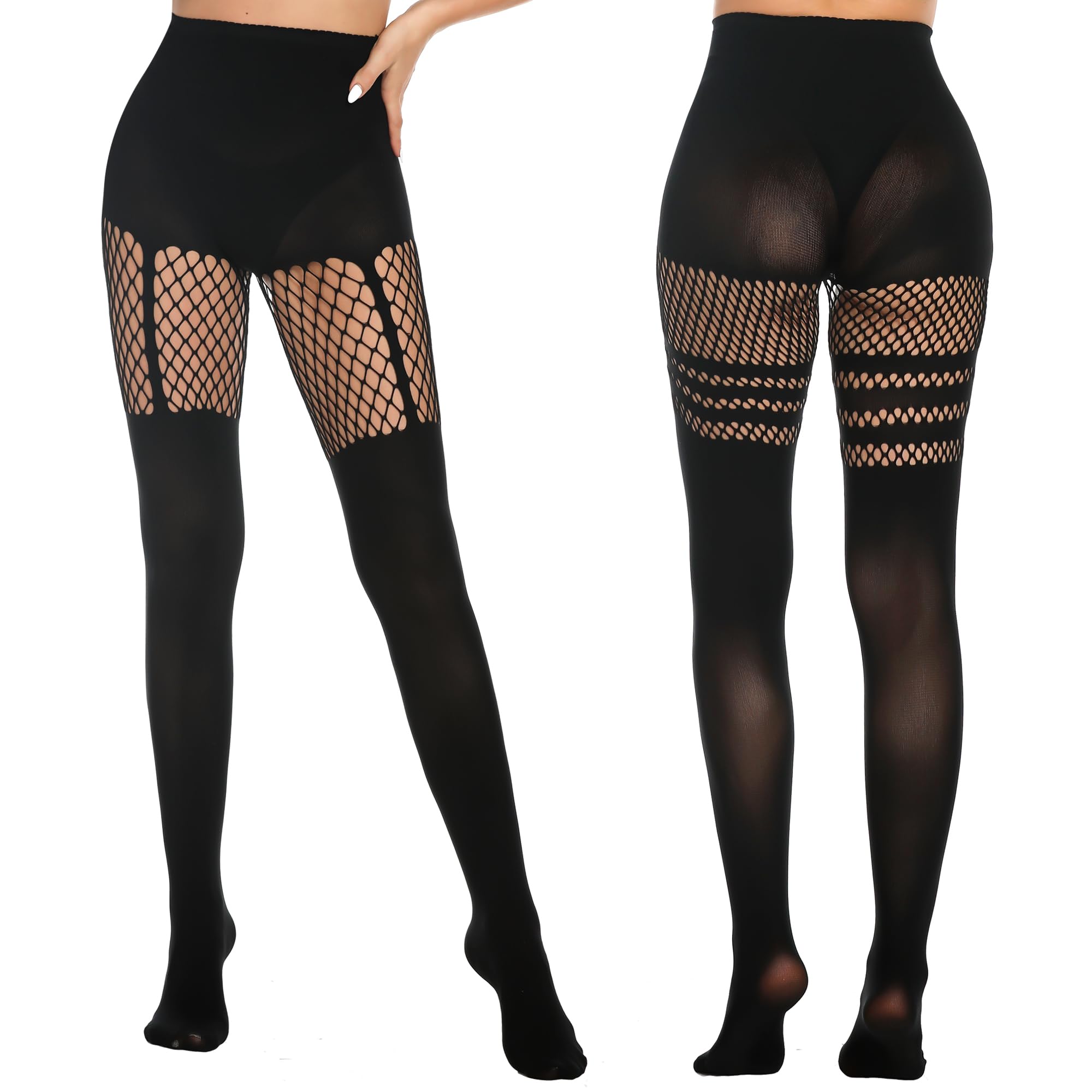 MANZI Women's Faux Thigh High Fishnet Stockings - Opaque Pantyhose with Striped Suspender Tights - Gothic Style Over The Knee Socks for Cosplay, Halloween, Burlesque & Night Out