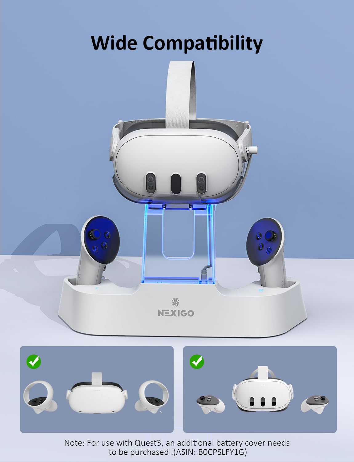 NexiGo Enhanced Charging Dock with LED Light [On/Off] for Oculus Quest 2 - Compatible with Elite Strap Battery, VR Headset Display Stand & Controller Holder - Includes 2 Rechargeable Batteries & USB-C Charger - Perfect for Oculus Quest 2 Gaming Setup & VR Accessories Organization