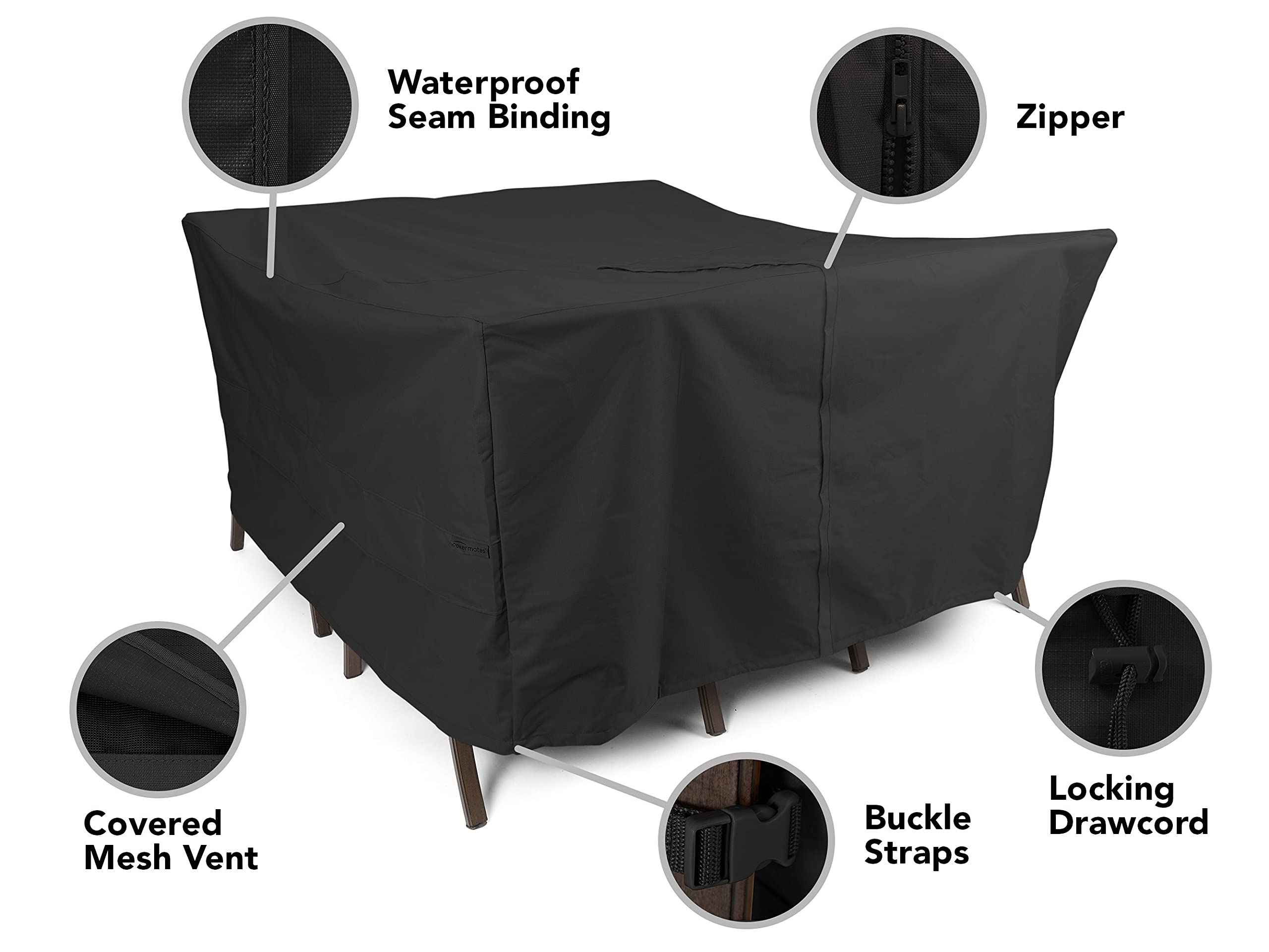 Heavy-Duty Square Patio Table Cover 76x76 Inches with Umbrella Hole - Weatherproof Polyester Dining Table Protector, Drawstring Hem & Ripstop Fabric - Perfect for Outdoor Dining Sets, Garden Furniture Protection (Black)
