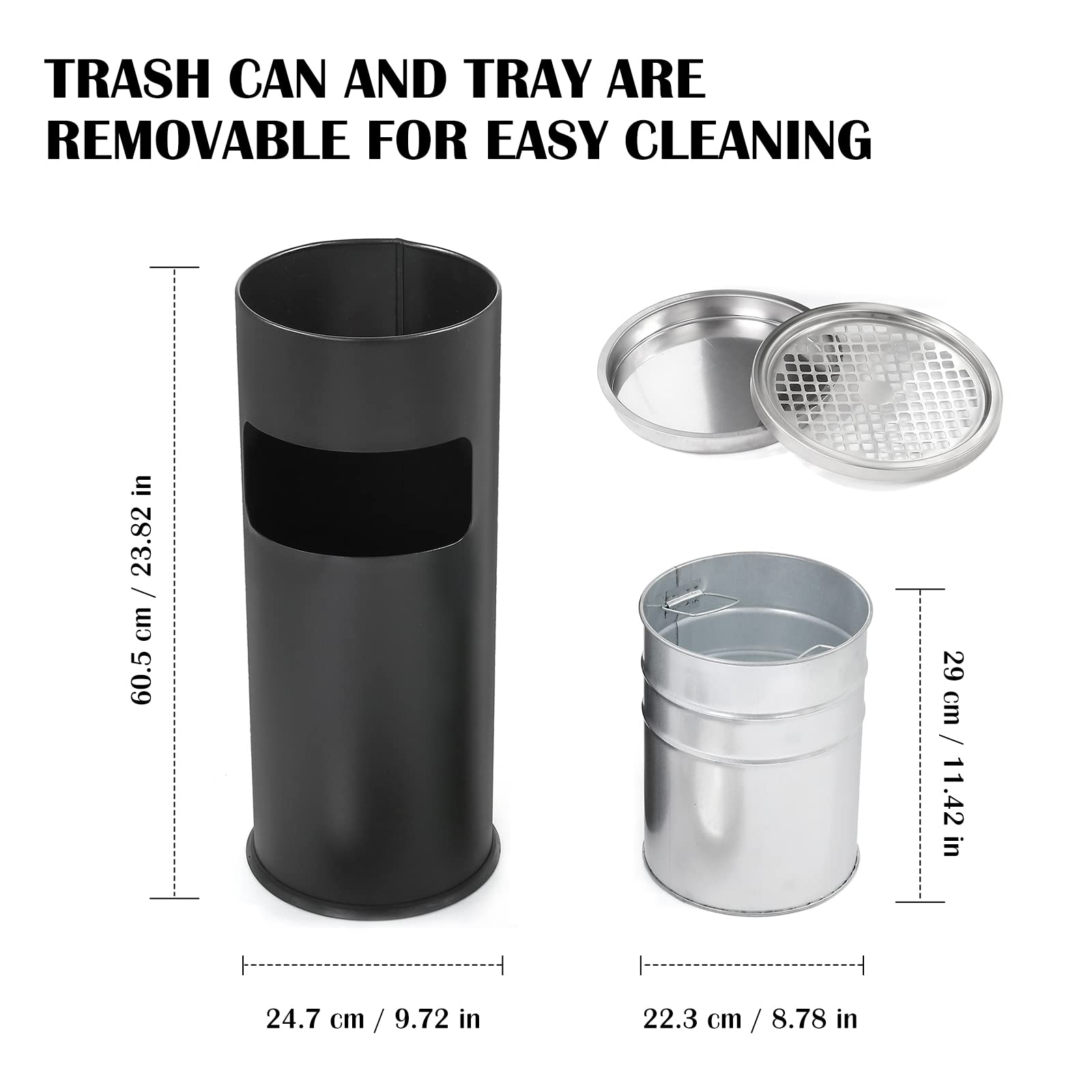 Stainless Steel Outdoor Trash Can with Removable Inner Bucket - 9.8 x 24 Inch Commercial Waste Bin for Patio, Garden & Restaurant Use - Durable Round Garbage Container (Black)