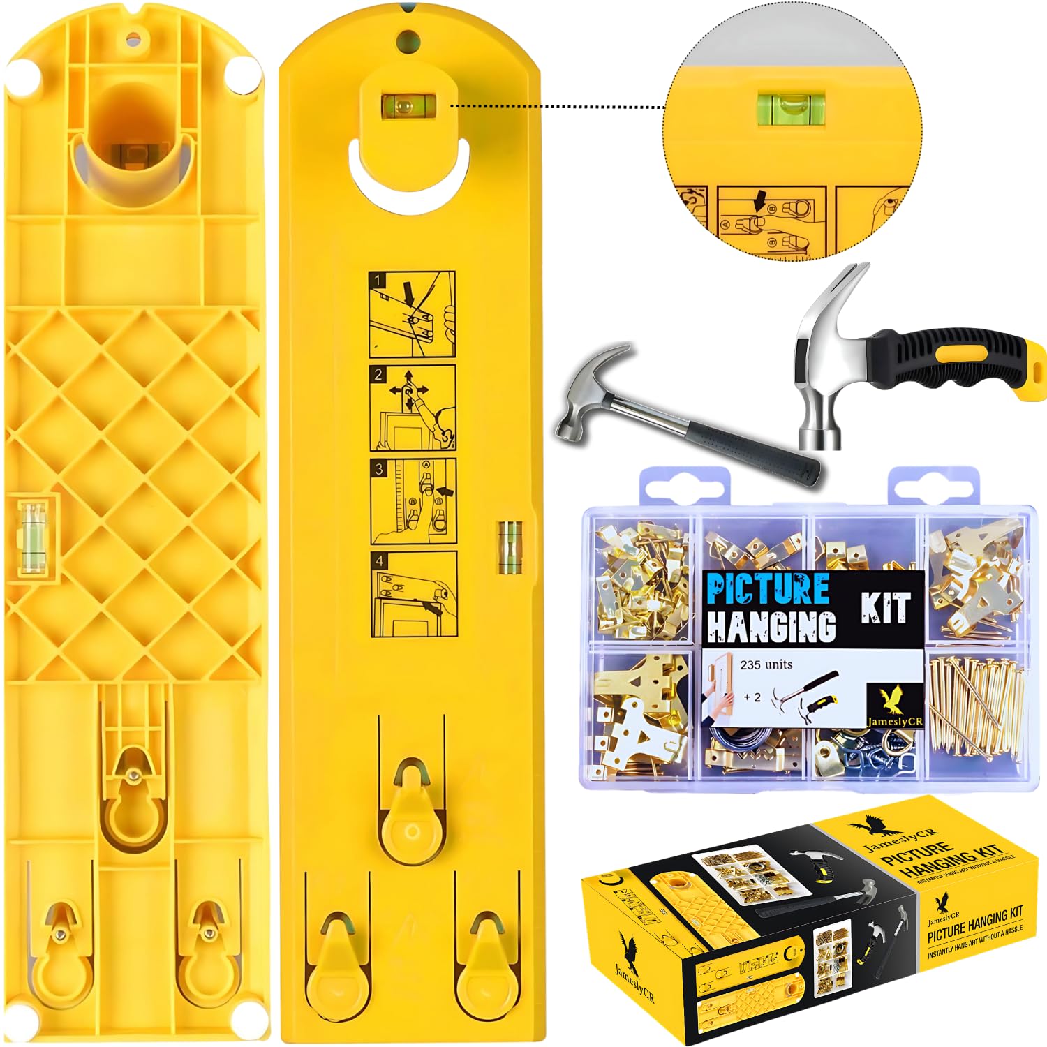225-Piece Picture Hanging Kit with Easy Level Ruler, 2 Hammers & Wall Hanging Hardware - Perfect for Frames, Mirrors & Home Decor Installation