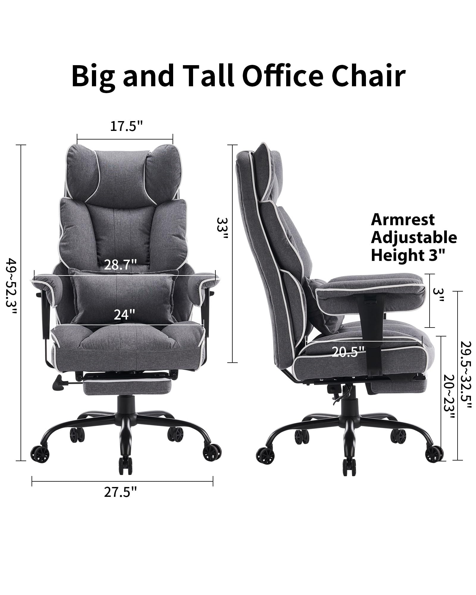 Efomao Fabric Office Chair - Big and Tall Executive Chair with 400 lb Weight Capacity, High Back Ergonomic Design & Foot Rest - Gray - Perfect for Home Office, Gaming, and Back Pain Relief