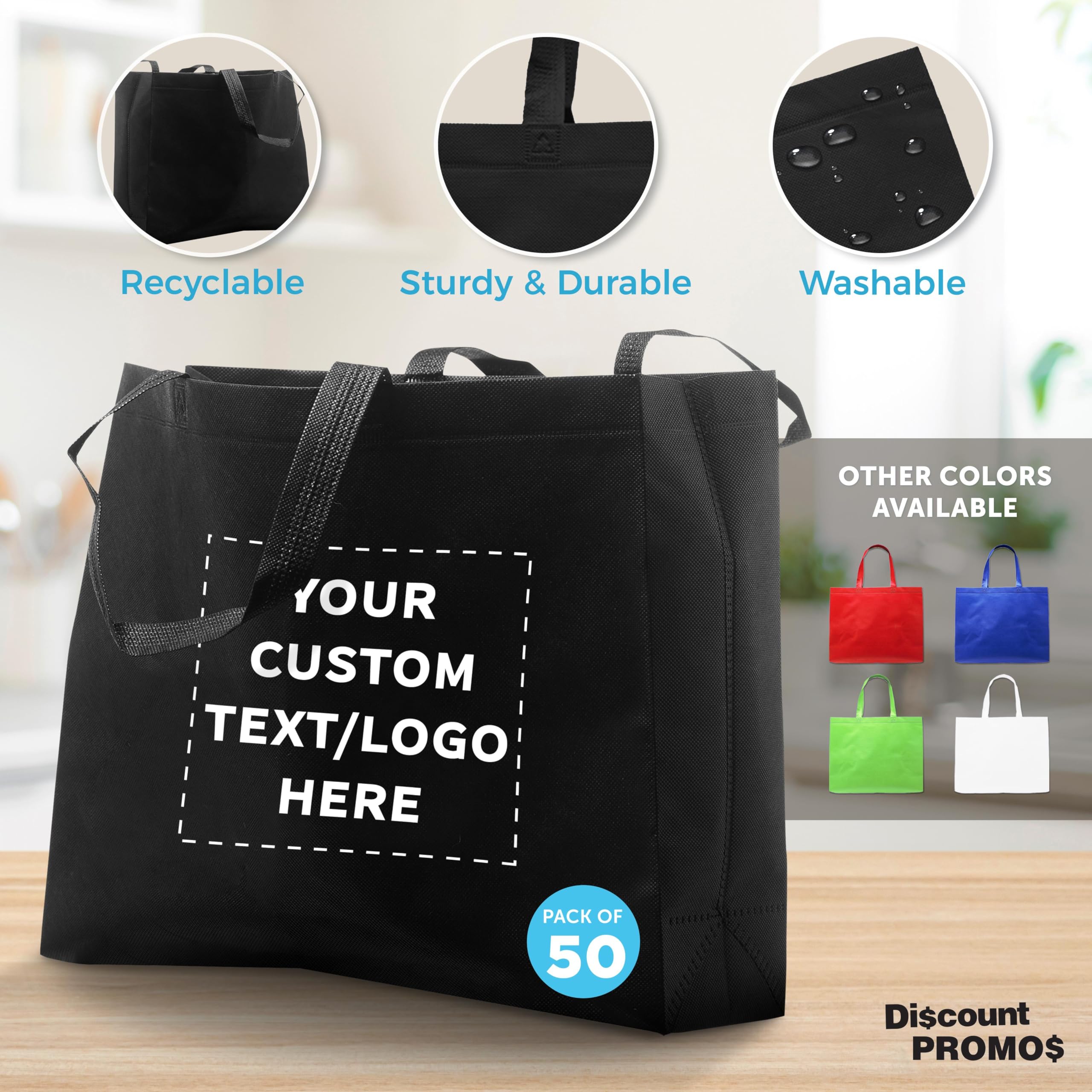 Custom Jumbo Reusable Tote Bags - Bulk Pack of 50 Personalized Grocery & Shopping Bags - Promotional Gift for Women (Black) | Perfect for Retail Stores, Events, Trade Shows & Eco-Friendly Shopping