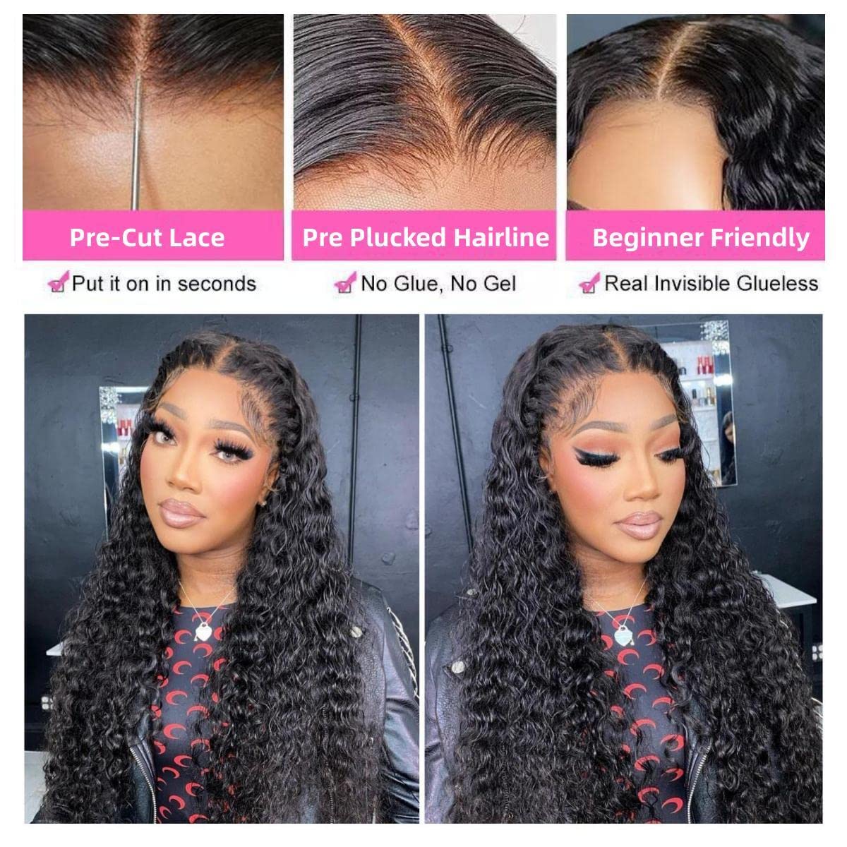 Wear And Go Glueless Human Hair Wigs for Black Women - 150% Density 28inch Deep Curly 4x4 Lace Closure Wig | Pre Plucked, Pre Cut, Ready to Wear | Perfect for Beginners, Daily Use & Special Occasions