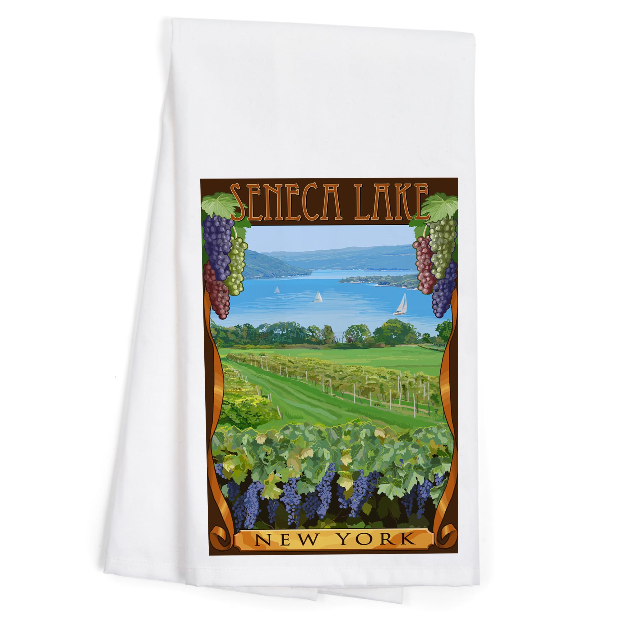 Seneca Lake New York Vineyard Scene 100% Cotton Tea Towel - Decorative Hand Towel for Kitchen & Home - Perfect for Wine Country Decor, Dish Drying & Farmhouse Style