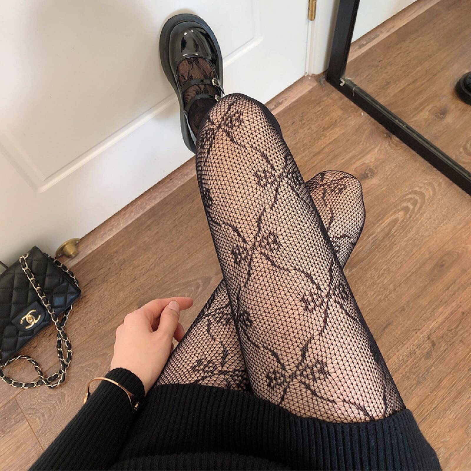 LANWE Women's Sexy Lace Stockings with Hollow Holes - 2 Pairs Fishnet Stockings with Bow Knots, Butterfly Black, One Size Pantyhose/Nylon Control Top - Perfect for Date Night, Cosplay & Special Occasions