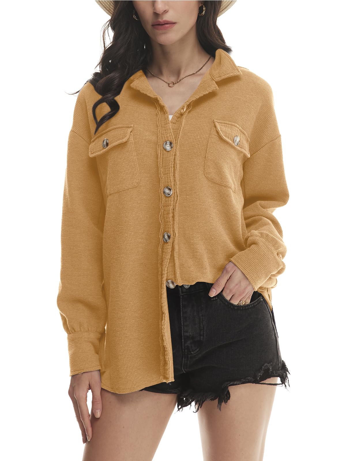 Yanekop Women's Waffle Knit Button Down Shirt Jacket - Oversized Long Sleeve Shacket for Casual & Trendy Outfits 2025 | Perfect for Fall Layering, Weekend Brunch & Street Style Fashion