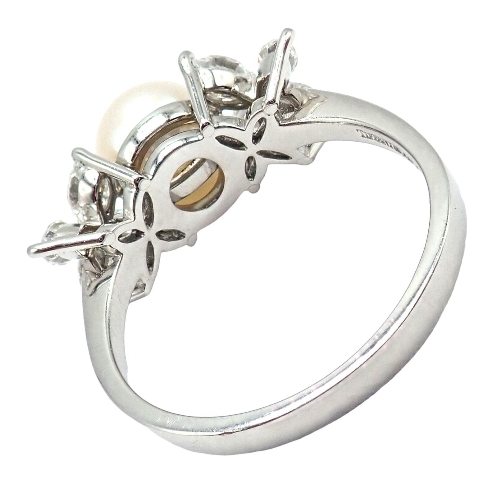 Authentic Tiffany & Co Victoria Platinum Diamond 7.5mm Pearl Band Ring for Women - Elegant Wedding, Engagement & Anniversary Jewelry Gift
