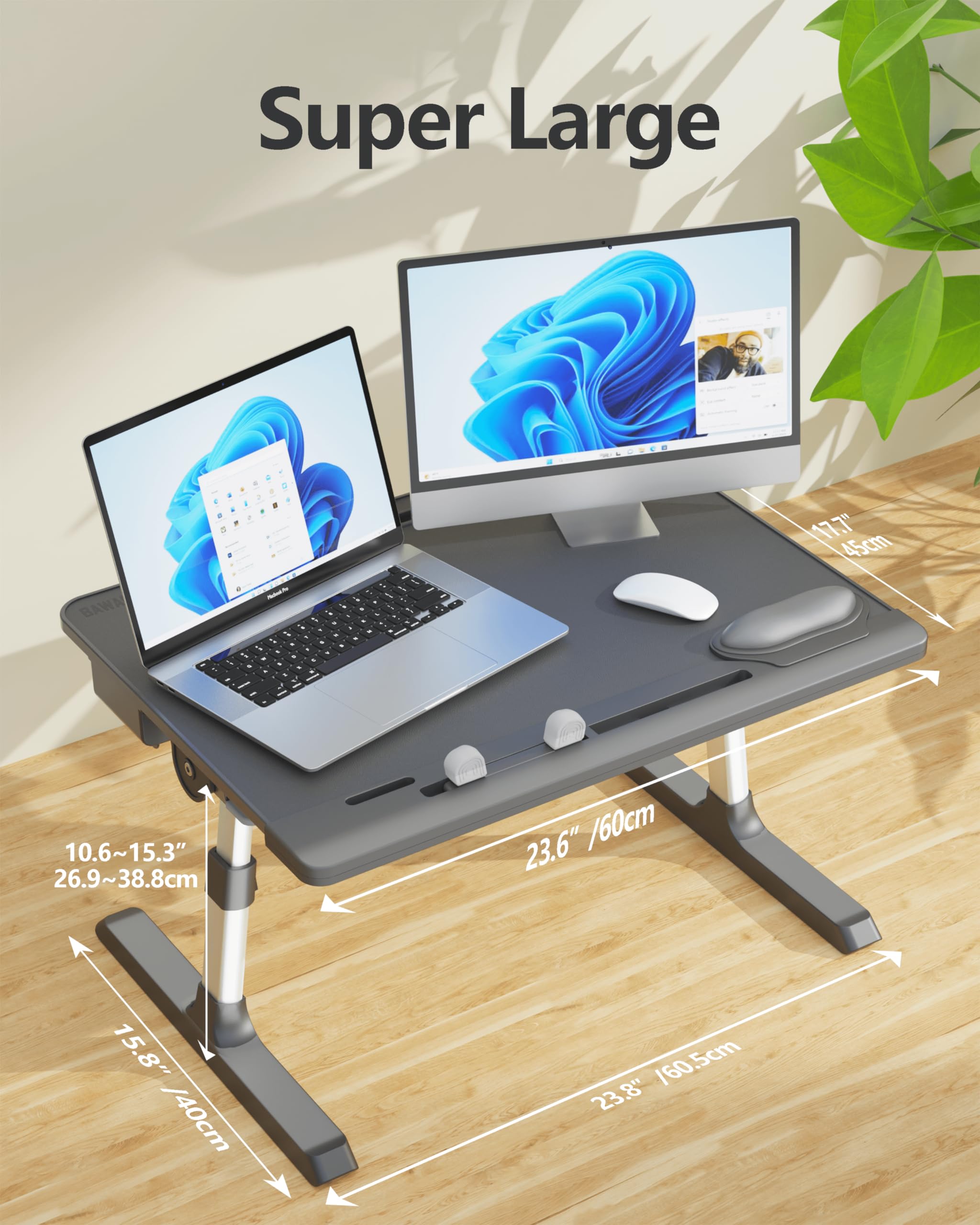 Adjustable Laptop Desk for Bed - Large Portable Workstation with Book Stand, Drawer, Wrist Cushion & Phone Holder - Perfect for Working, Studying, Writing & Dining in Bed or Sofa - Gray Ergonomic Laptop Table