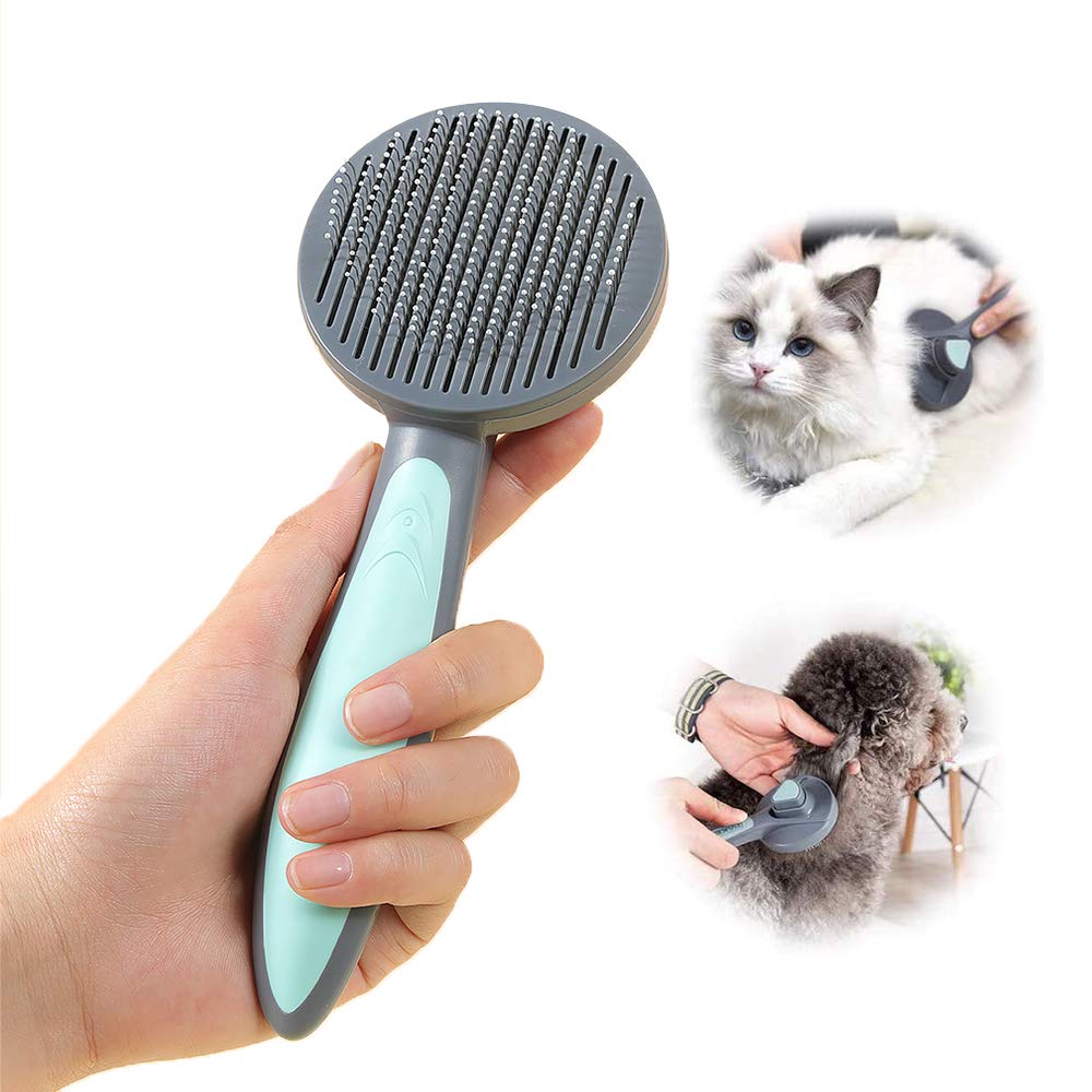 PAKEWAY Self-Cleaning Cat & Dog Grooming Brush with Release Button - Gentle Pet Hair Brush for Short, Medium & Long Haired Cats - Perfect for Indoor Cats & Home Grooming (Green)