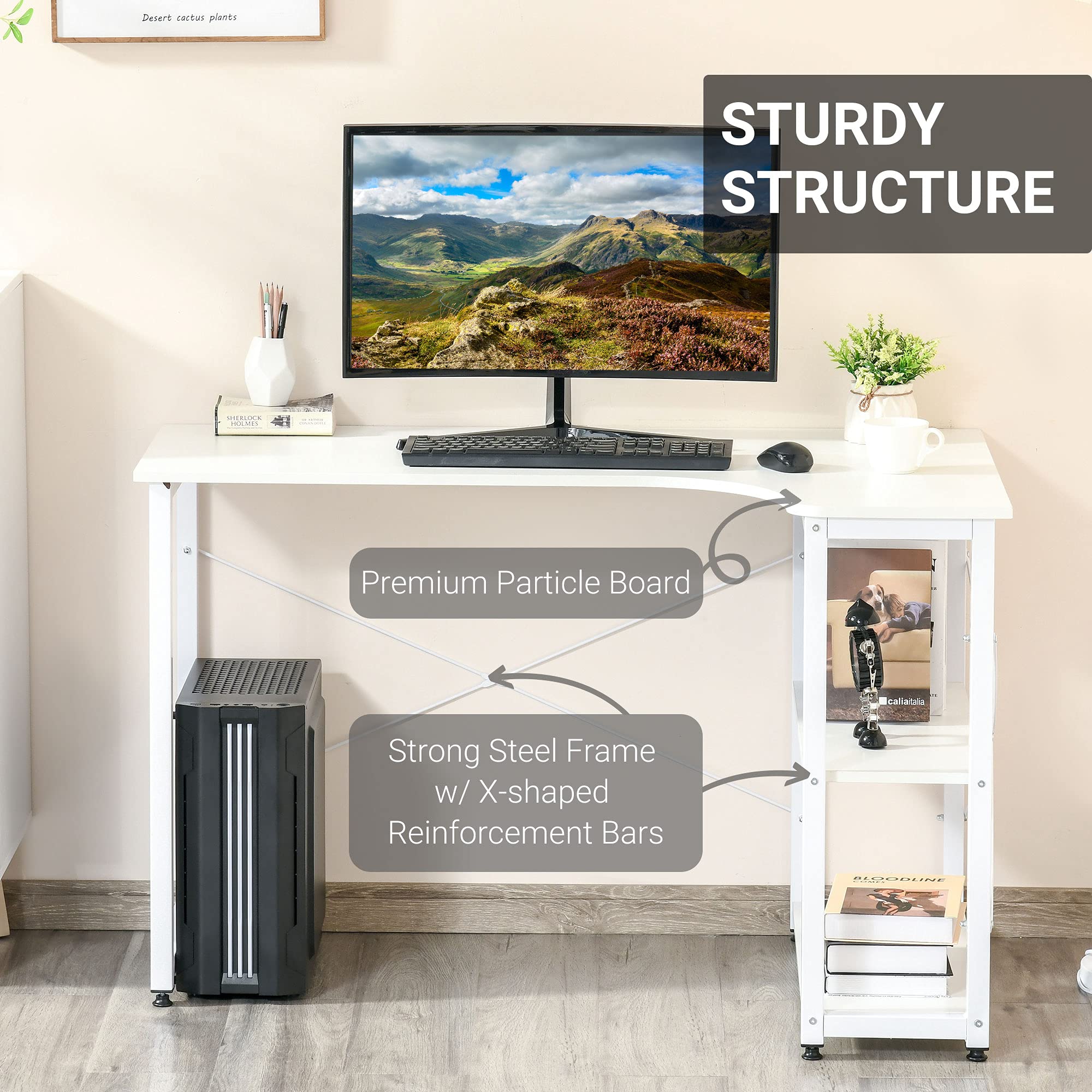 HOMCOM Industrial L-Shaped Computer Desk with 2 Side Shelves & Steel Frame, White Corner Desk for Home Office, Study & Gaming Workstation - Perfect for Small Spaces & Multi-Monitor Setups