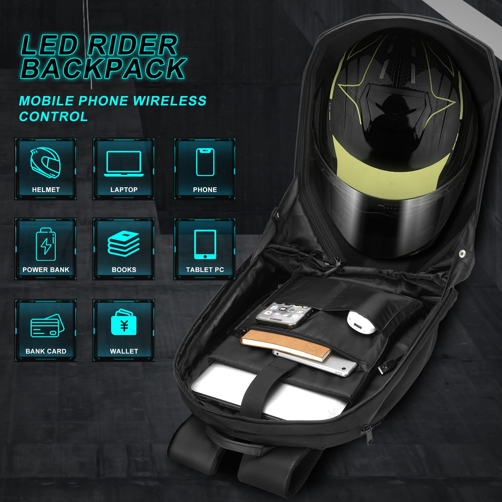 19-Inch Waterproof LED Motorcycle Backpack with Hard Shell & Custom Screen - Laptop Bag, Helmet Storage for Cycling, Camping & Outdoor Adventures