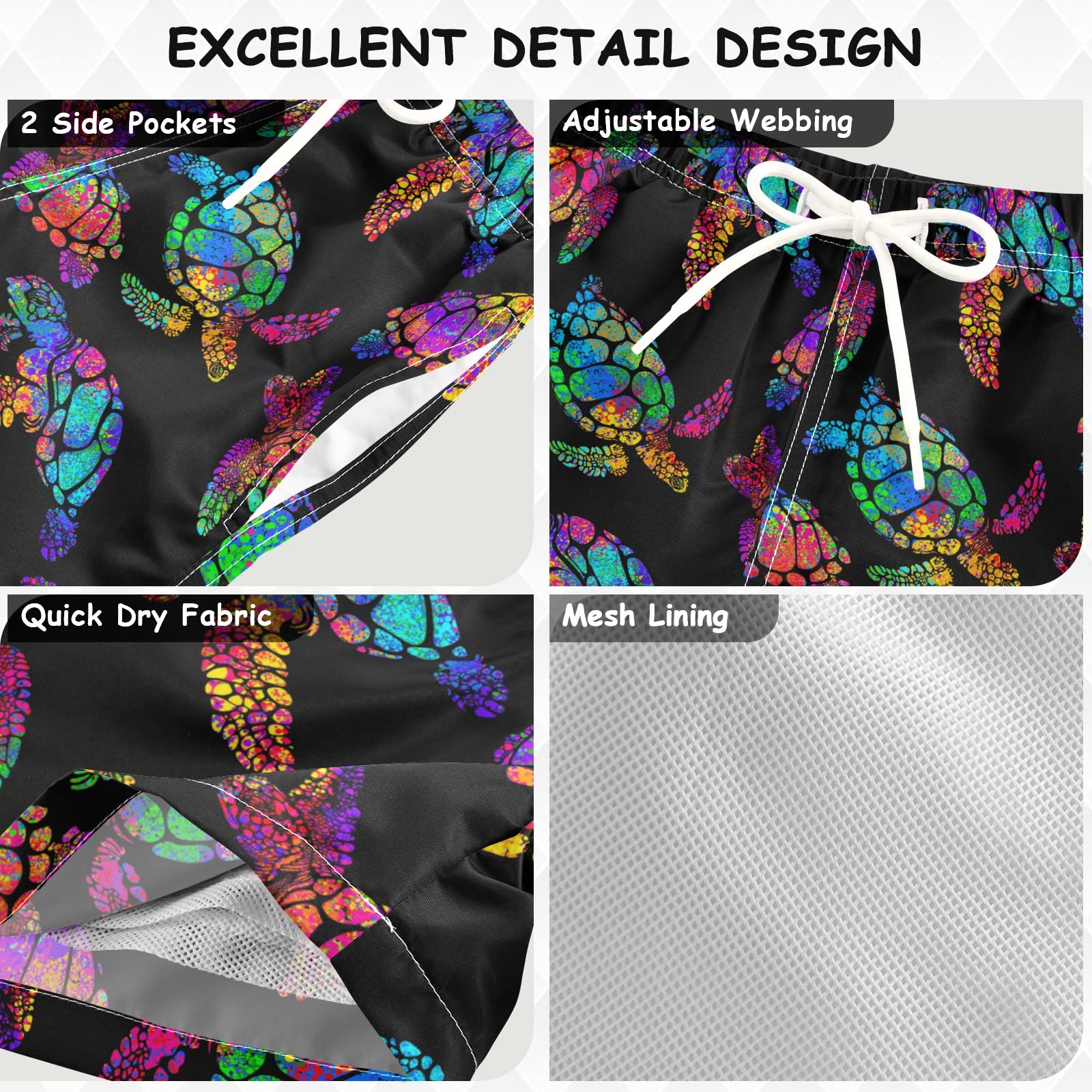 JUNZAN Bright Boho Turtle Swim Trunks for Boys - Quick Dry Board Shorts for Kids & Toddlers (3-14 Years) - Perfect for Beach, Pool & Summer Vacation