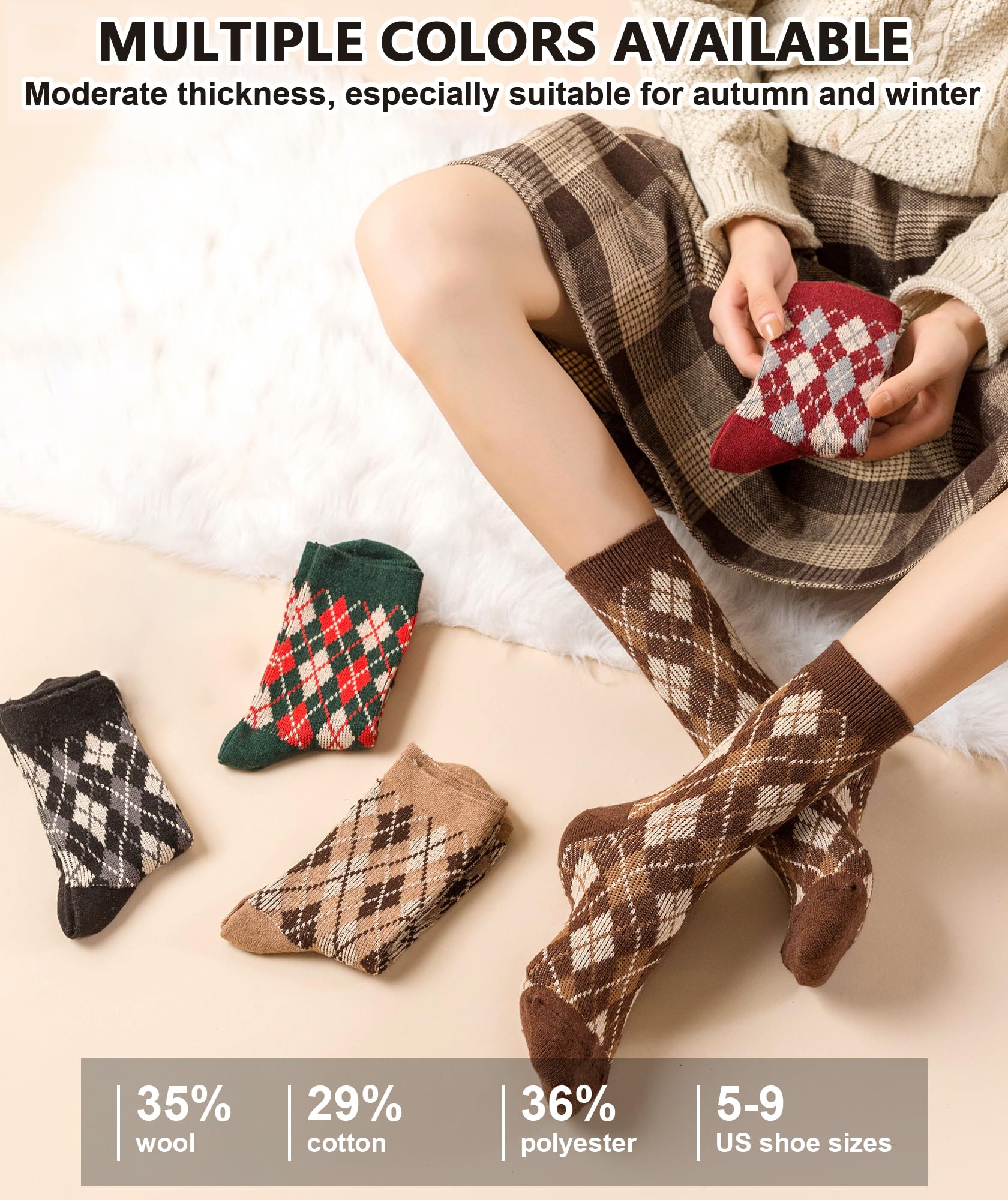 Vintage Wool Socks for Women - 5 Pairs Cozy Crew Socks with Unique Print - Perfect Christmas Gift & Winter Wear