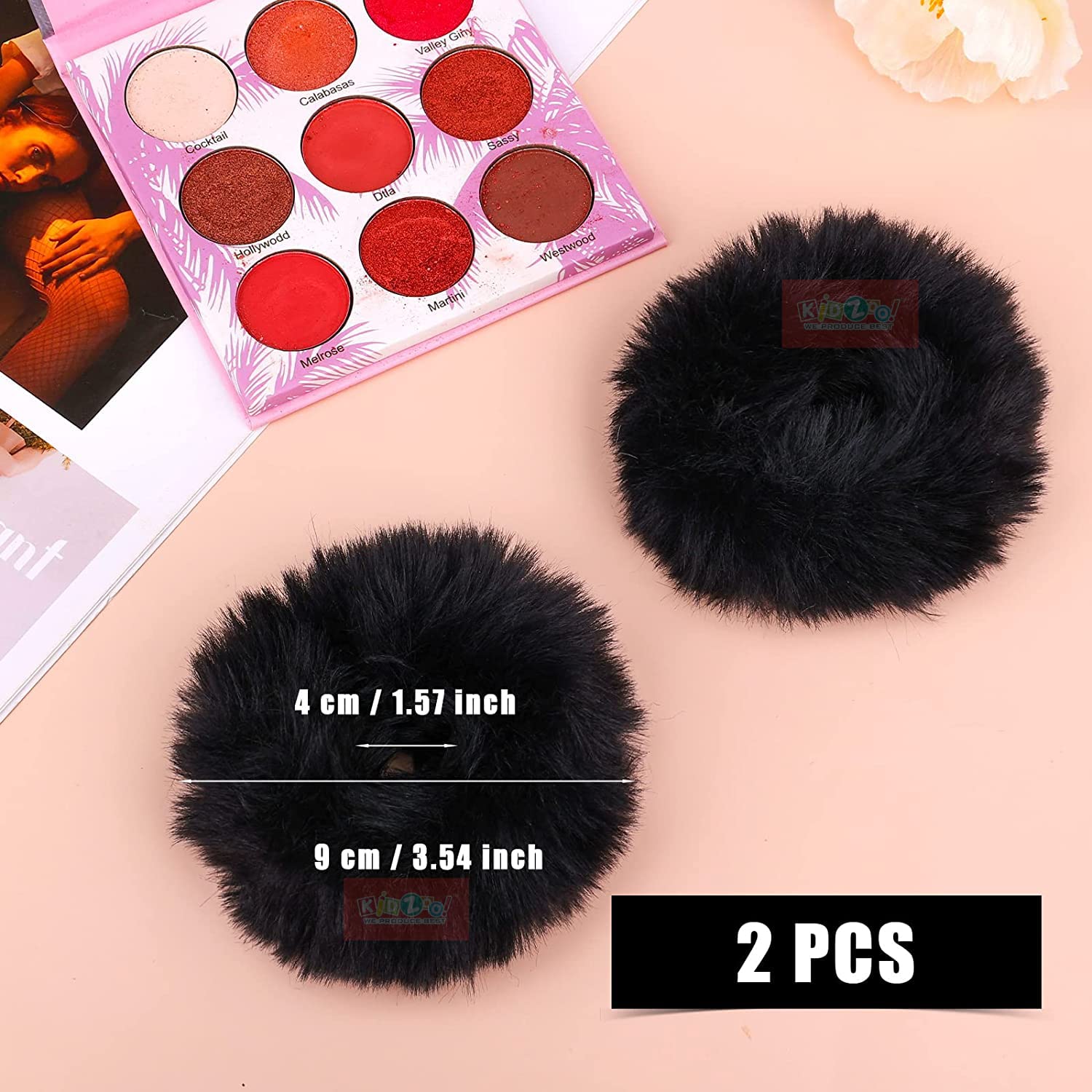 Kidzoo 2-Pack Super Soft Faux Fur Rabbit Hair Scrunchies - Elastic Ponytail Holders & Wristbands for Women & Girls (Black) | Perfect for School, Workout, and Fashion Accessories