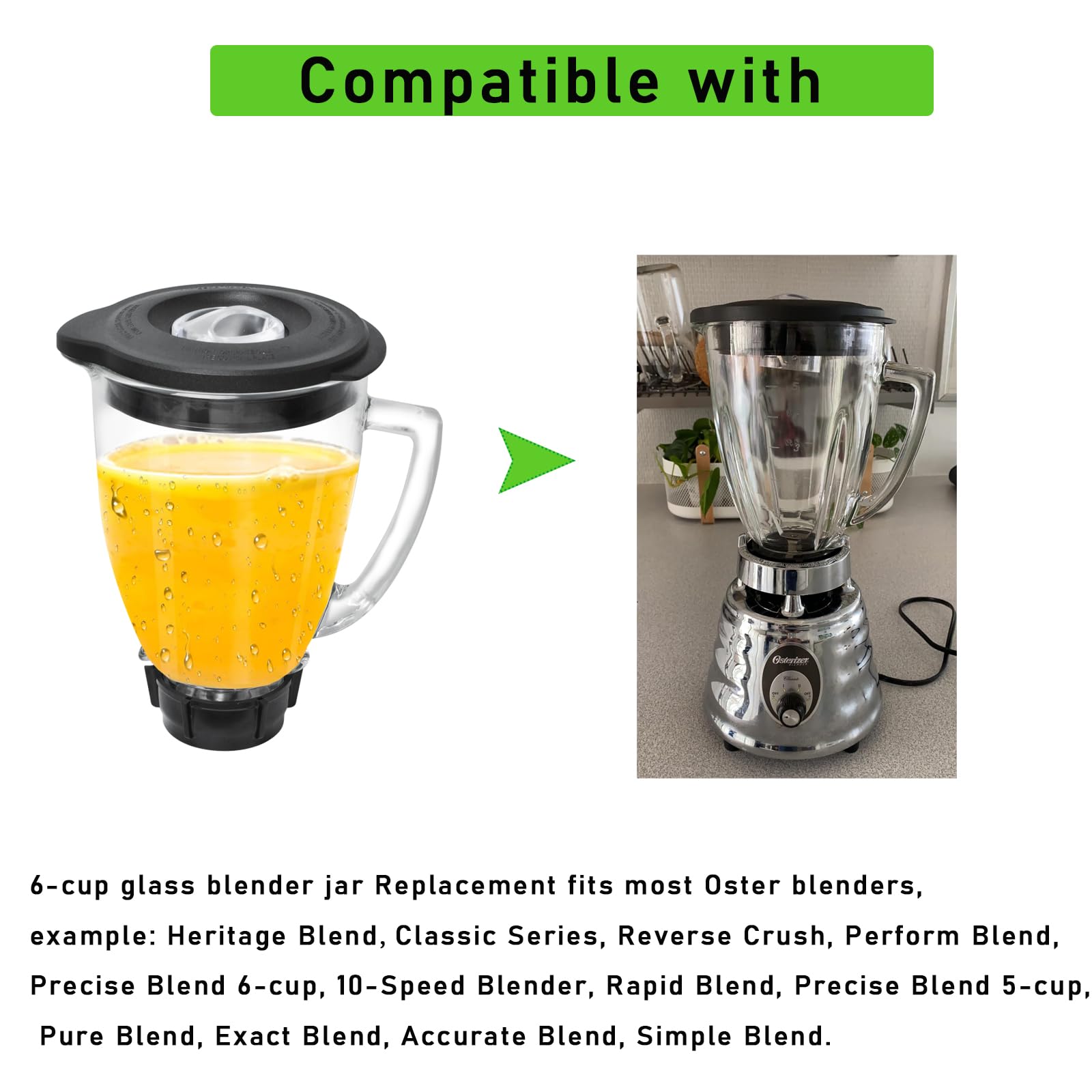 Oster & Osterizer Blender Replacement 6 Cup Glass Jar with 4961, 4980 Ice Blade, 4902 Bottom Cap Base, Drive Coupling & Rubber Seal Rings - Perfect for Smoothies, Shakes & Food Prep