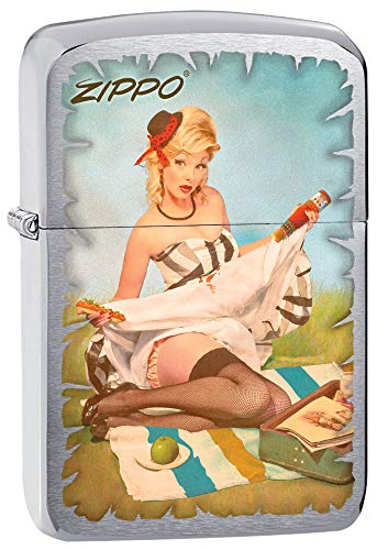 Zippo Brushed Chrome Lighter with Pin-up Girl Picnic Design - Vintage Windproof Lighter for Outdoor Camping, Hiking & Collectors (Model 80586)