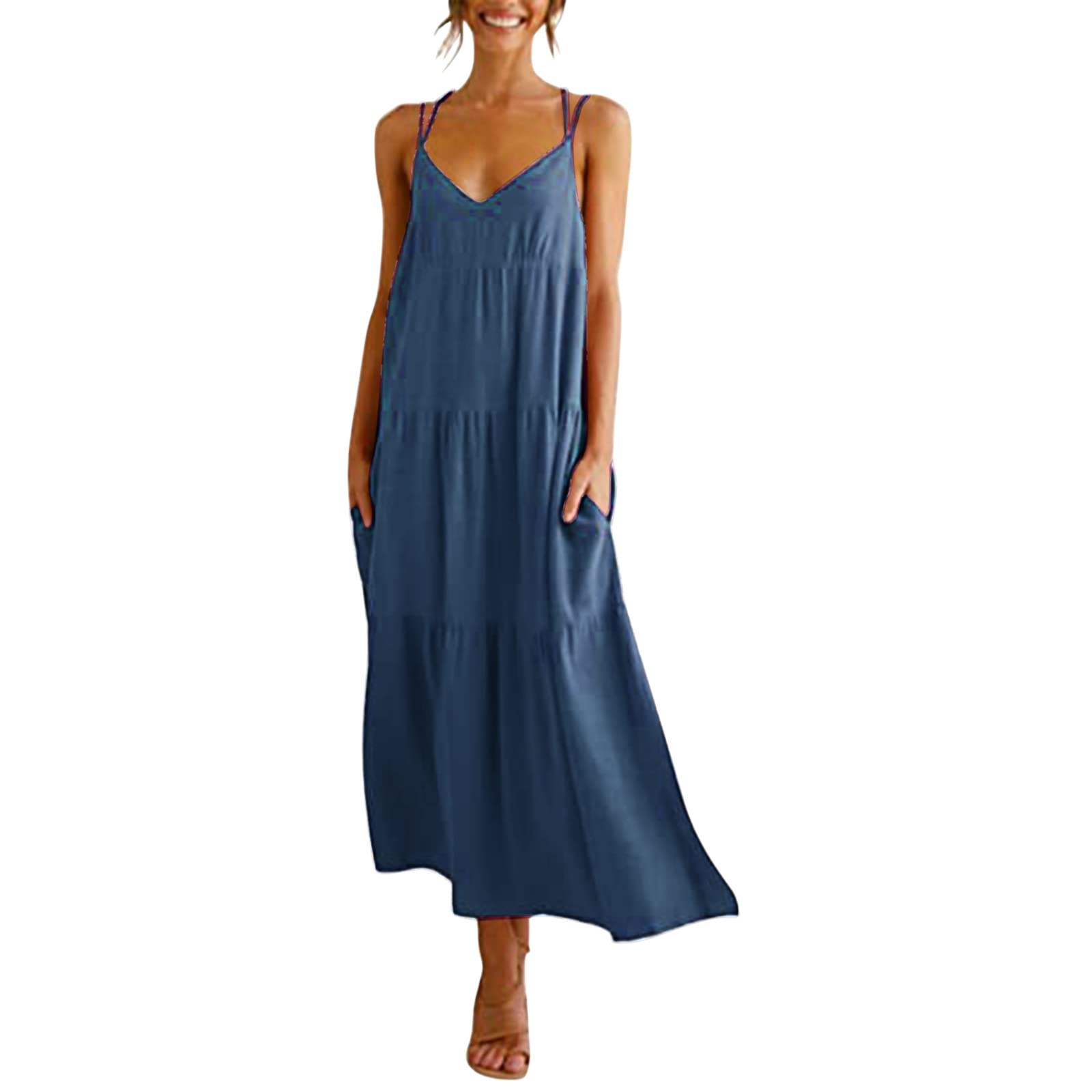 Women's Summer Casual Backless Suspenders Dress - Sleeveless V-Neck Sundress with Pockets for Beach, Vacation & Outdoor Activities