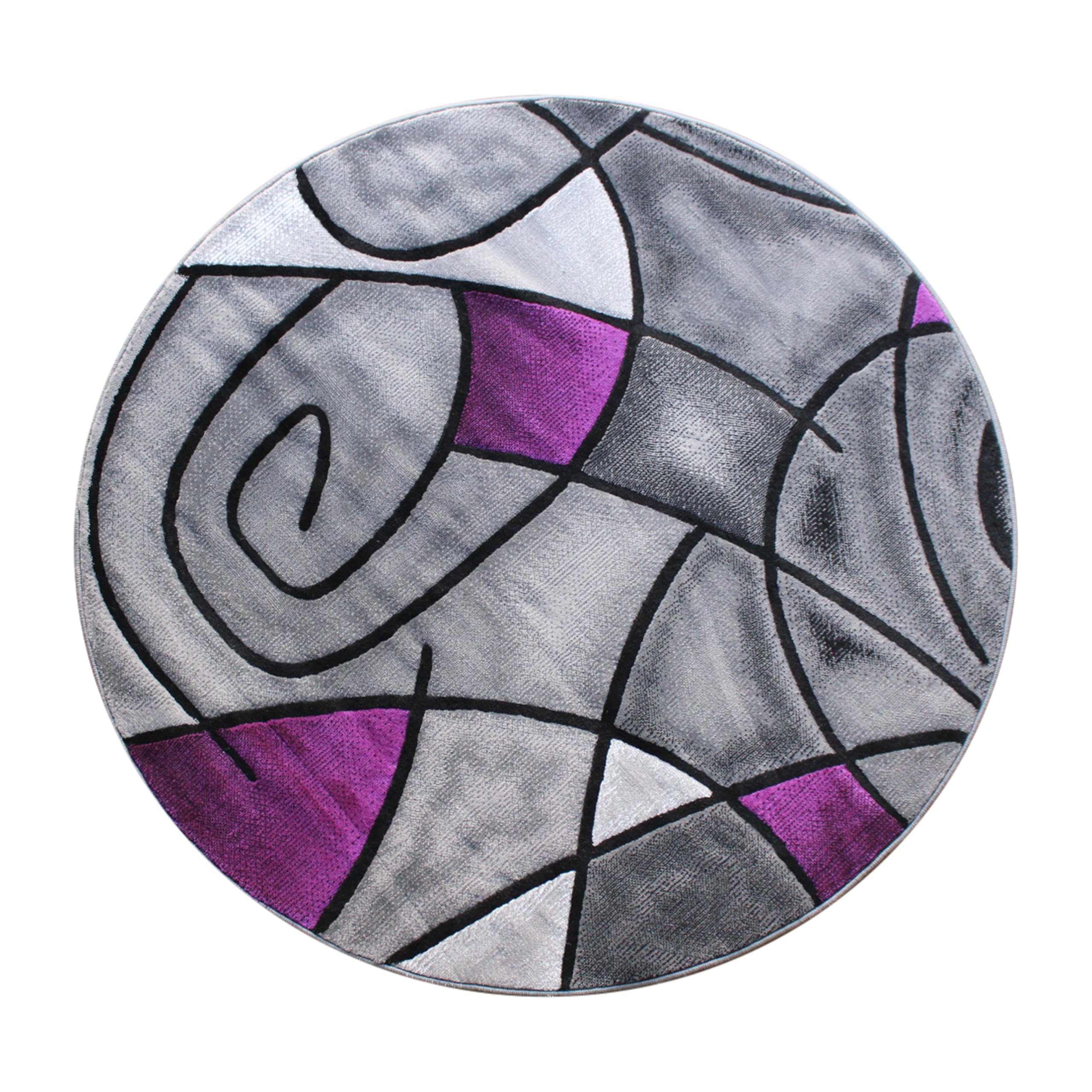 EMMA + OLIVER 5x5 Round Plush Olefin Accent Rug - Abstract Geometric Pattern with Gradient Gray & Purple Shades - Stain & Moisture Resistant - Perfect for Living Room, Bedroom or Office Decor
