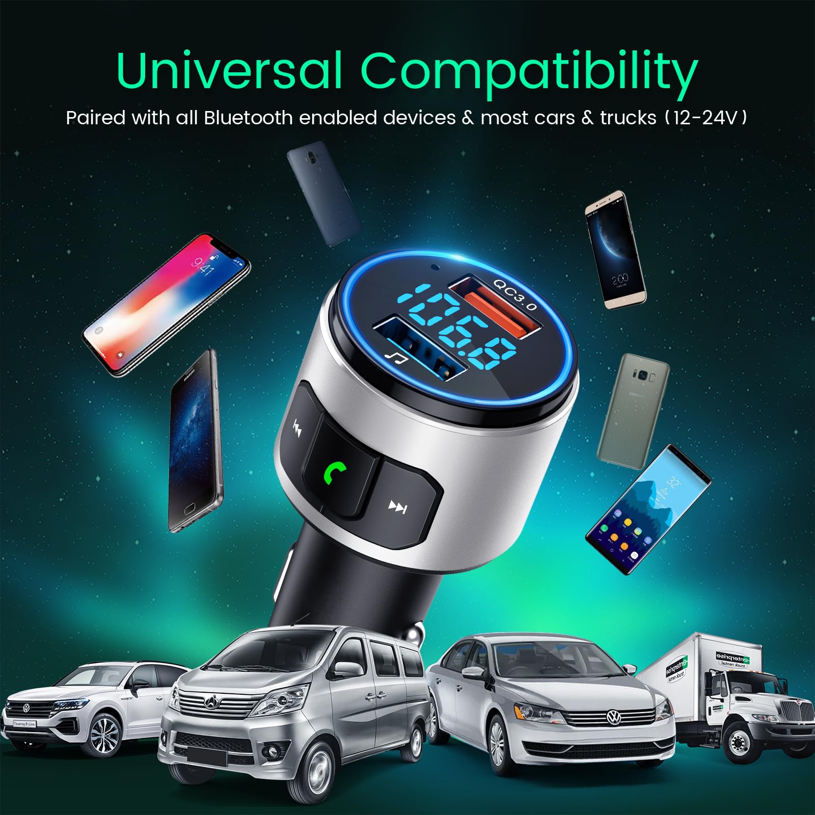 Upgraded V5.3 Bluetooth FM Transmitter for Car - Wireless Music Player with QC3.0 Fast Charging, LED Backlit Display & Hands-Free Calling | Compatible with Siri & Google Assistant (Silver) | Perfect for Road Trips, Commuting & Streaming Music in Your Vehicle