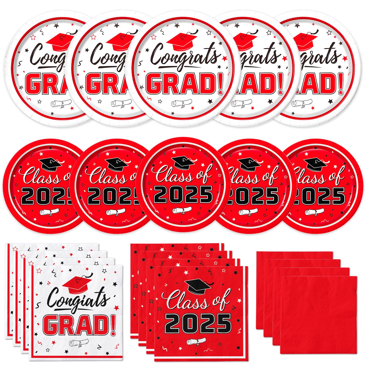 Class of 2025 Graduation Party Supplies Kit for 50 Guests - Red Disposable Dinner Plates, Dessert Plates & Napkins - Perfect for Grad Party Decorations & Celebration Events