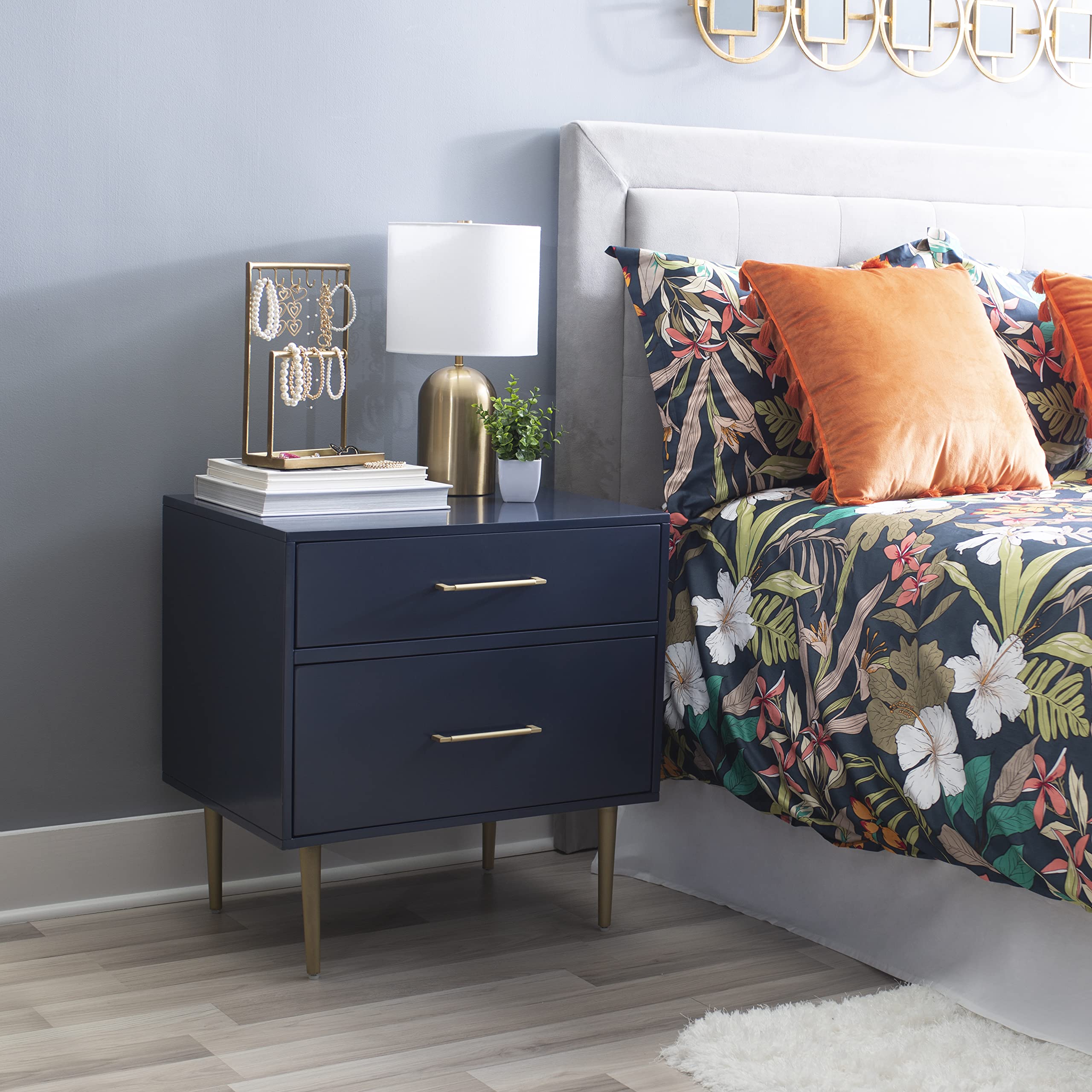 Linon Lennon Modern Navy Nightstand with Gold Hardware - 2 Drawer Bedside Table for Bedroom, Living Room & Office Storage