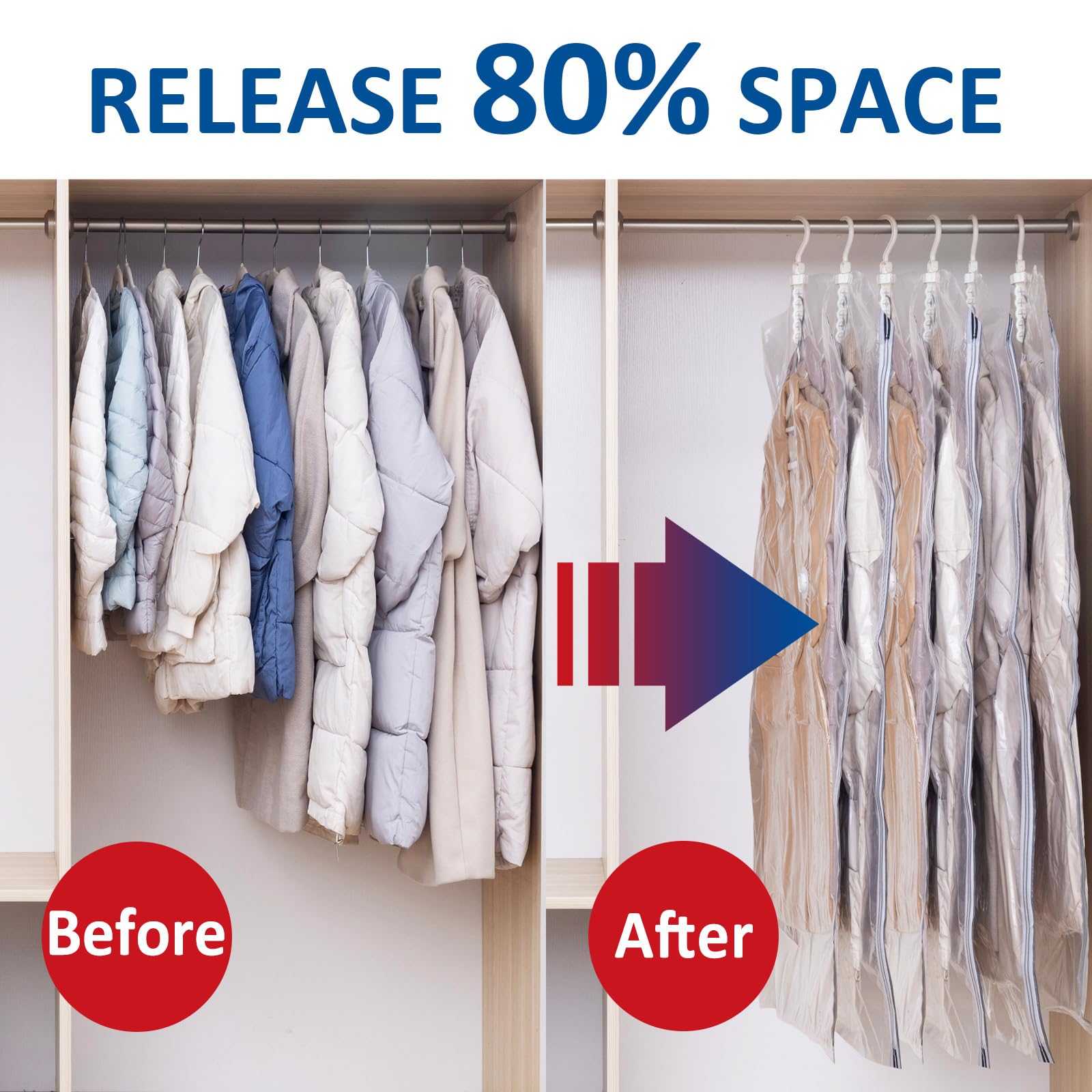 6 Pack Large Hanging Vacuum Storage Bags for Clothes - Space Saving Vacuum Seal Bags for Clothing, Suits, Dresses, Jackets - Closet Organizer & Moving Supplies (53.1x27.6 inches) - Perfect for Travel, Seasonal Storage & Home Organization