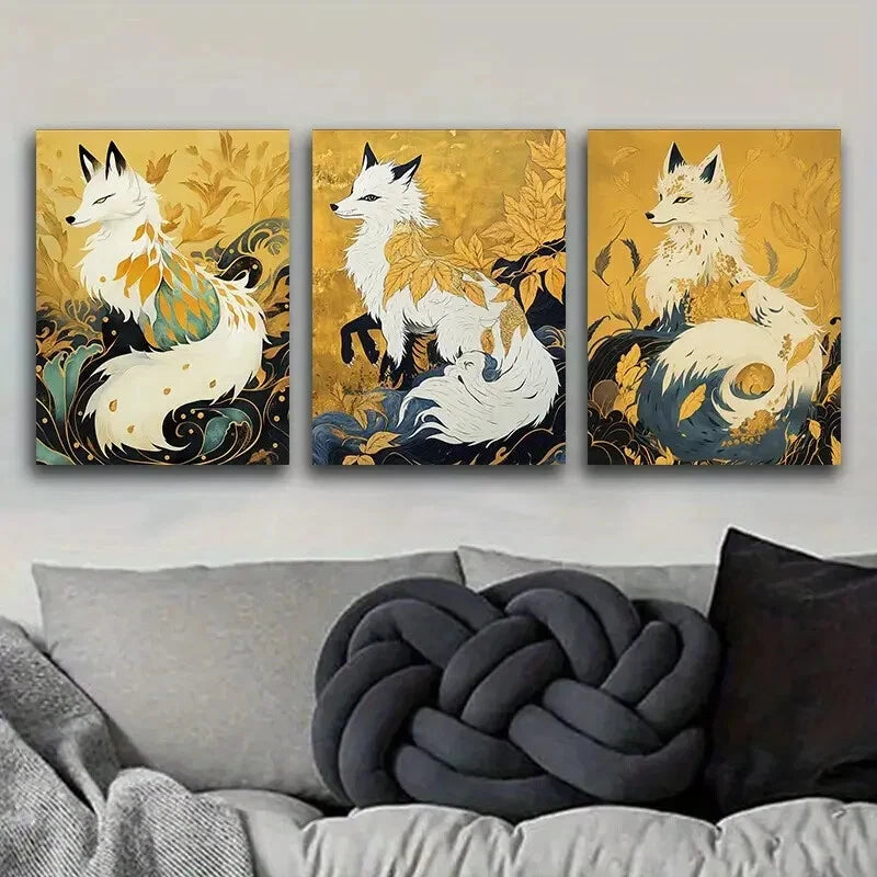 3-Piece Platinum Fox Art Painting - Metal Print Wall Art Ready to Hang - Perfect for Living Room, Bedroom & Office Decor