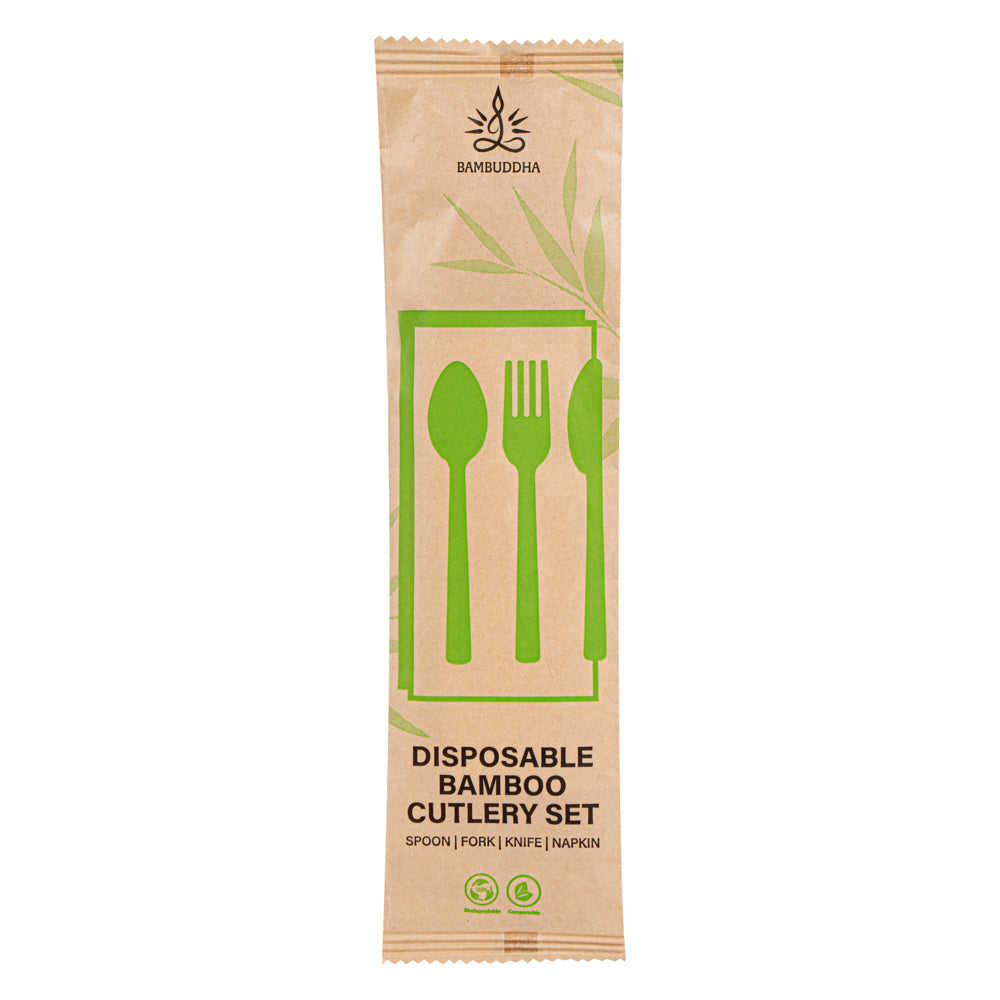 Eco-Friendly Bamboo Disposable Cutlery Set with White Napkins & Kraft Paper Pouch - 500 Count (7-Piece Set) | Perfect for Parties, Picnics, Catering & Sustainable Events