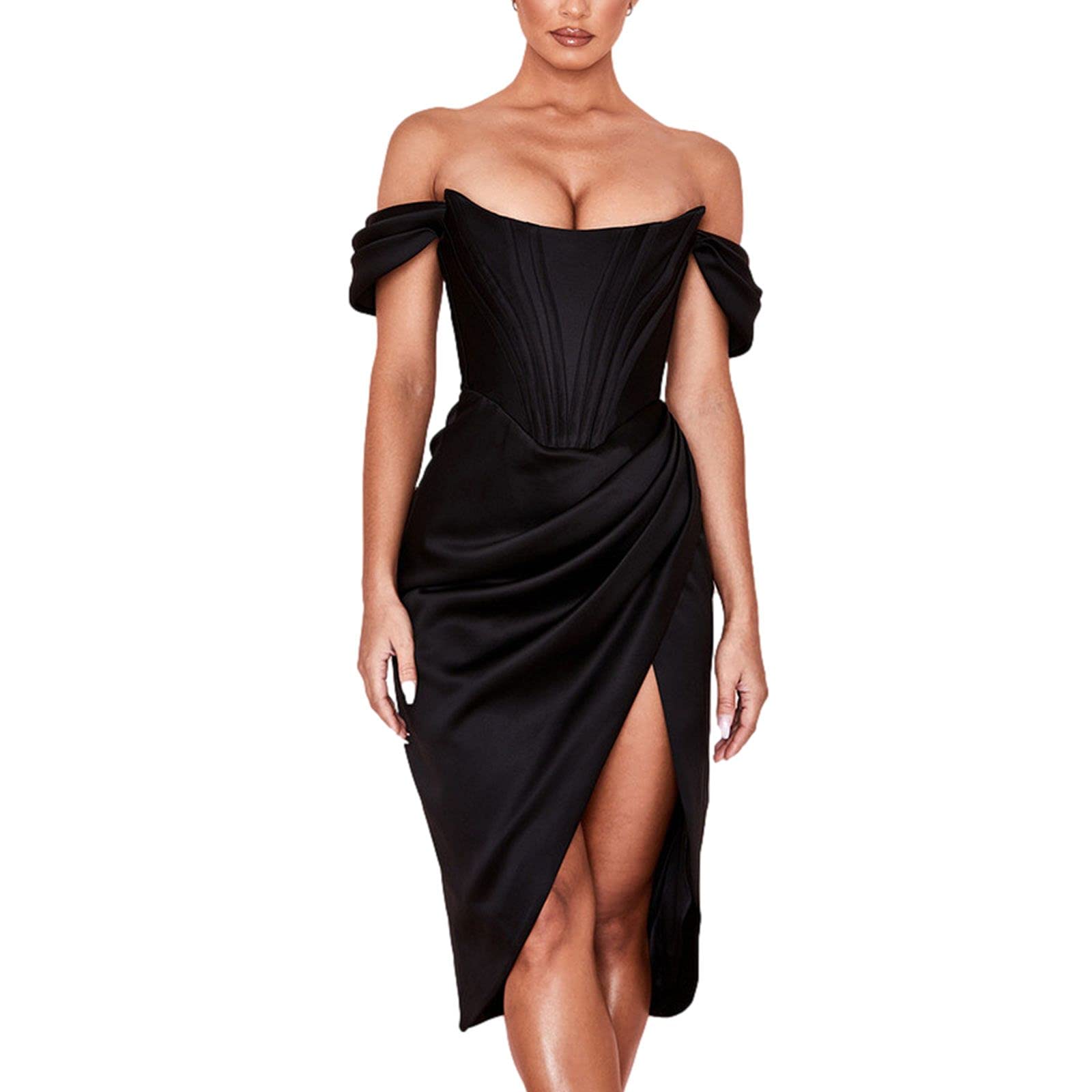 FULA-bao Women's Strappy Ruched Bustier Bodycon Dress - High Slit Cocktail, Wedding Guest, Birthday & Party Mini Dress | Perfect for Night Out, Club Wear & Special Occasions