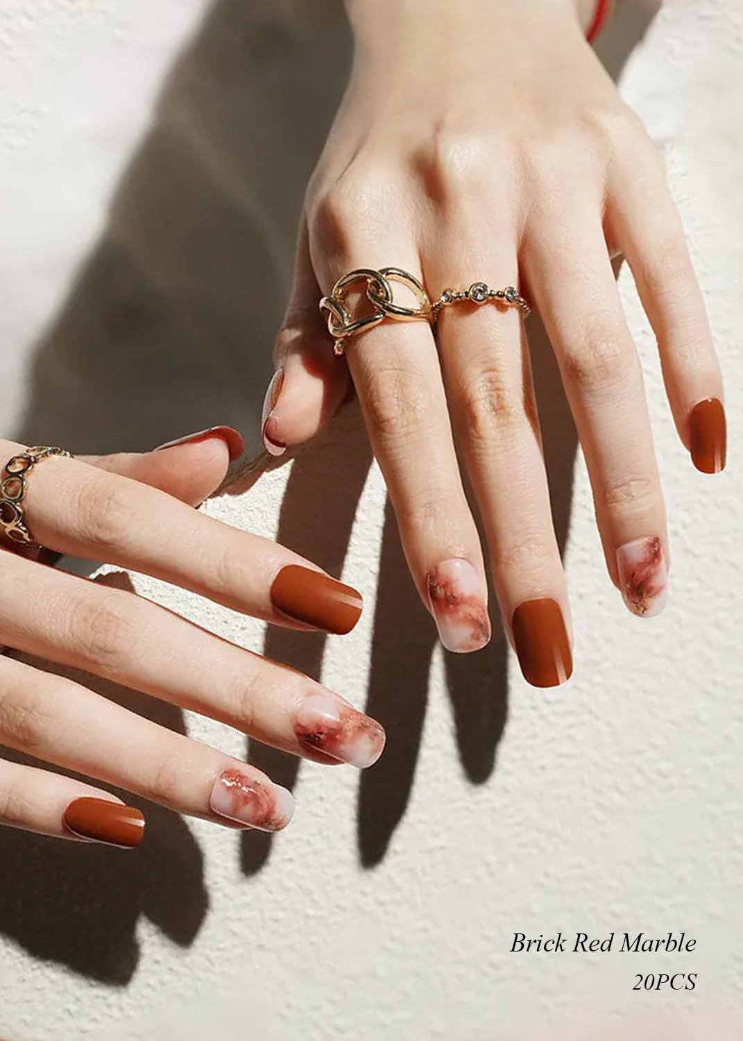 Semi Cured Gel Nail Strips - Brick Red Marble & Brown, 20PCS Salon Quality Gel Nail Wraps with UV Light, Long Lasting DIY Nail Art Stickers for Home Manicure & Professional Salon Use