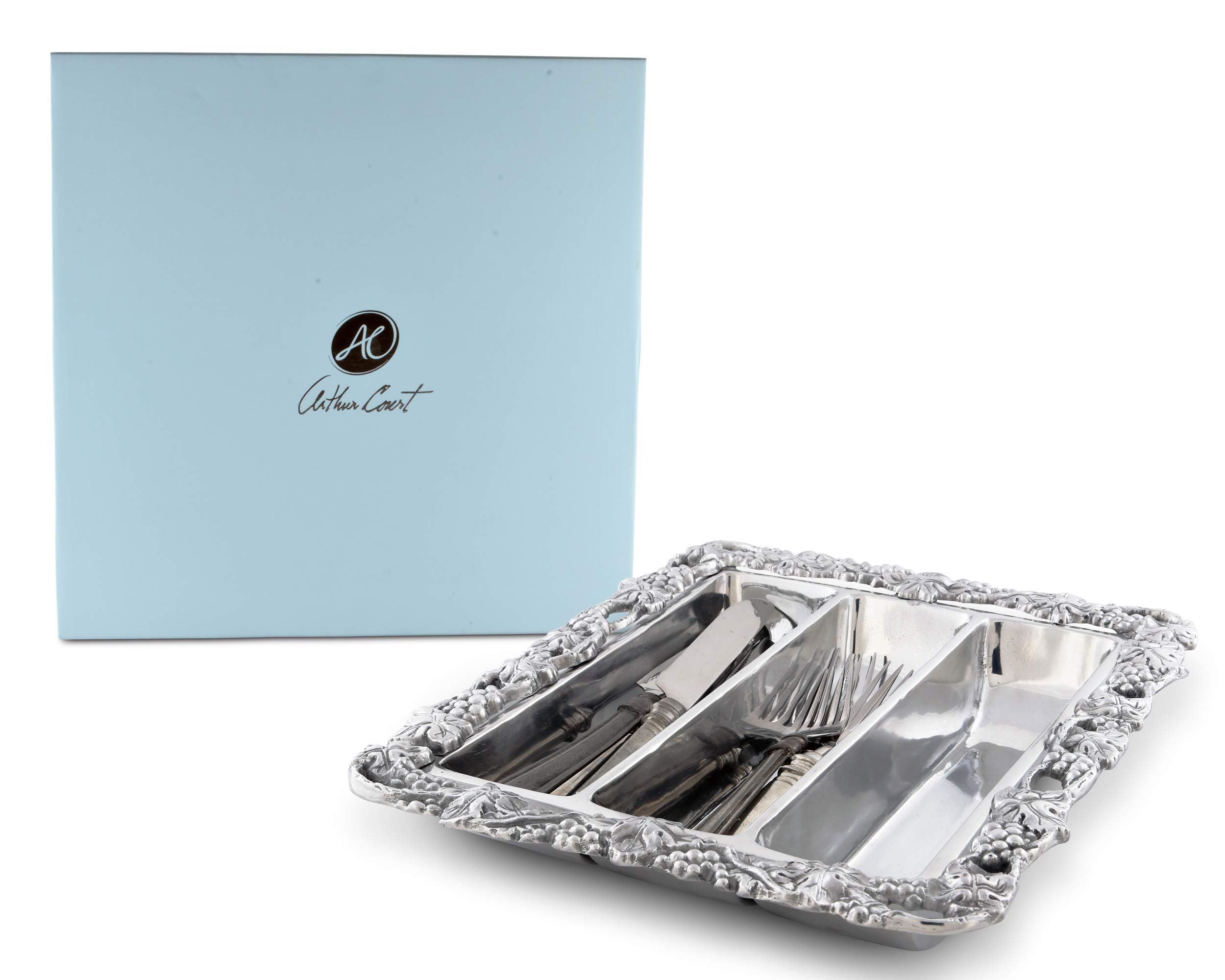 Arthur Court Designs 13x11 Inch Aluminum Metal Grape Silverware Holder - Elegant Flatware Caddy & Utensil Organizer for Dining Table, Kitchen Counter, and Party Serving