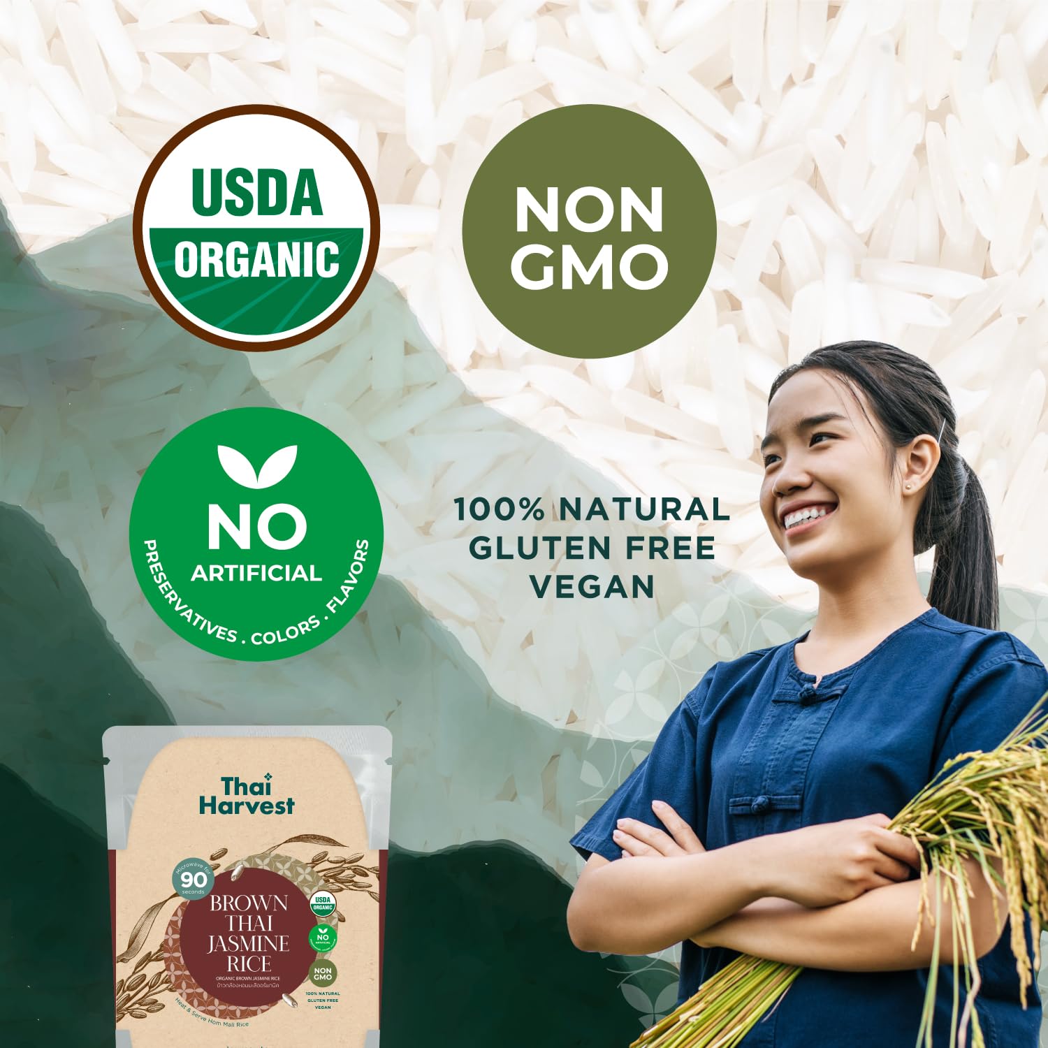 THAI HARVEST 100% USDA Organic Brown Jasmine Rice - 7 Ounce (Pack of 8) | Microwaveable 90 Seconds | Ready to Eat Instant Rice | Gluten Free & Preservative Free | Perfect for Quick Meals, Office Lunches & Emergency Food Supply
