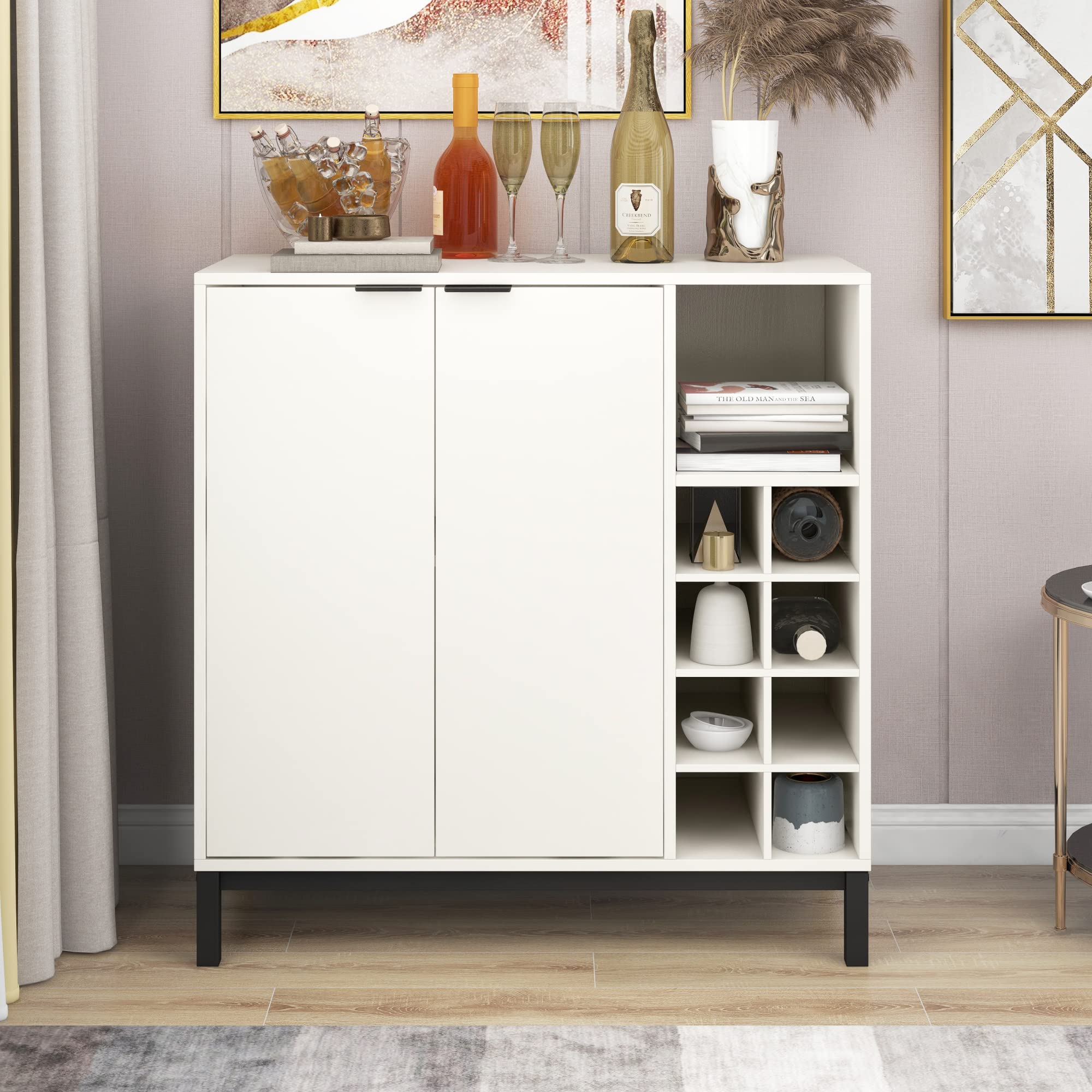 34 Inch White Wooden Kitchen Buffet Cabinet with Storage - Dining Room Sideboard, Coffee Bar Cupboard with Wine Glass Holder, Removable Rack & Adjustable Shelves | Perfect for Small Kitchens, Dining Room Storage & Entertaining Guests