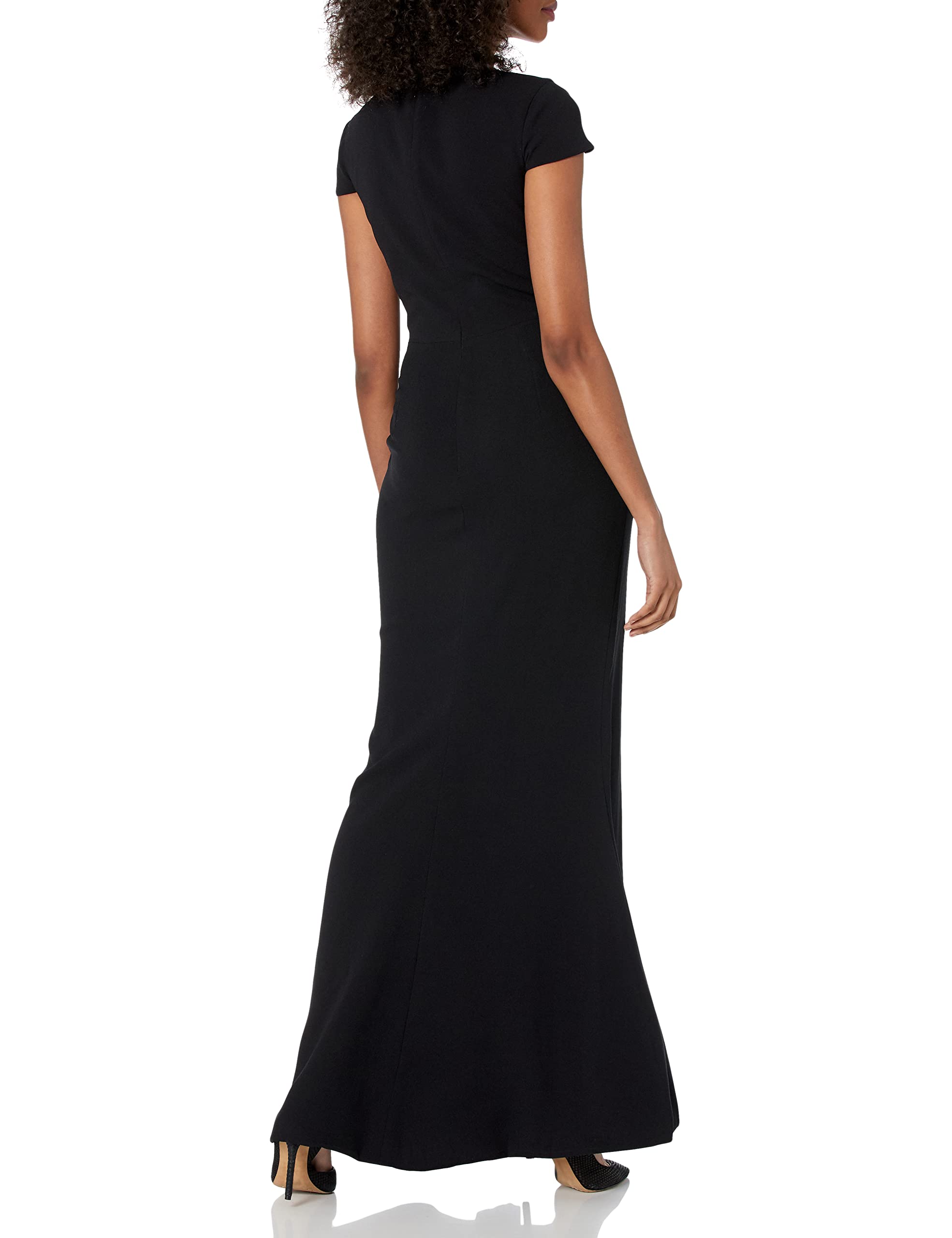 DRESS THE POPULATION Women's Leah Plunging V-Neck Illusion Cap Sleeve Crepe Formal Gown with High Slit - Elegant Evening Dress for Weddings, Galas & Special Occasions