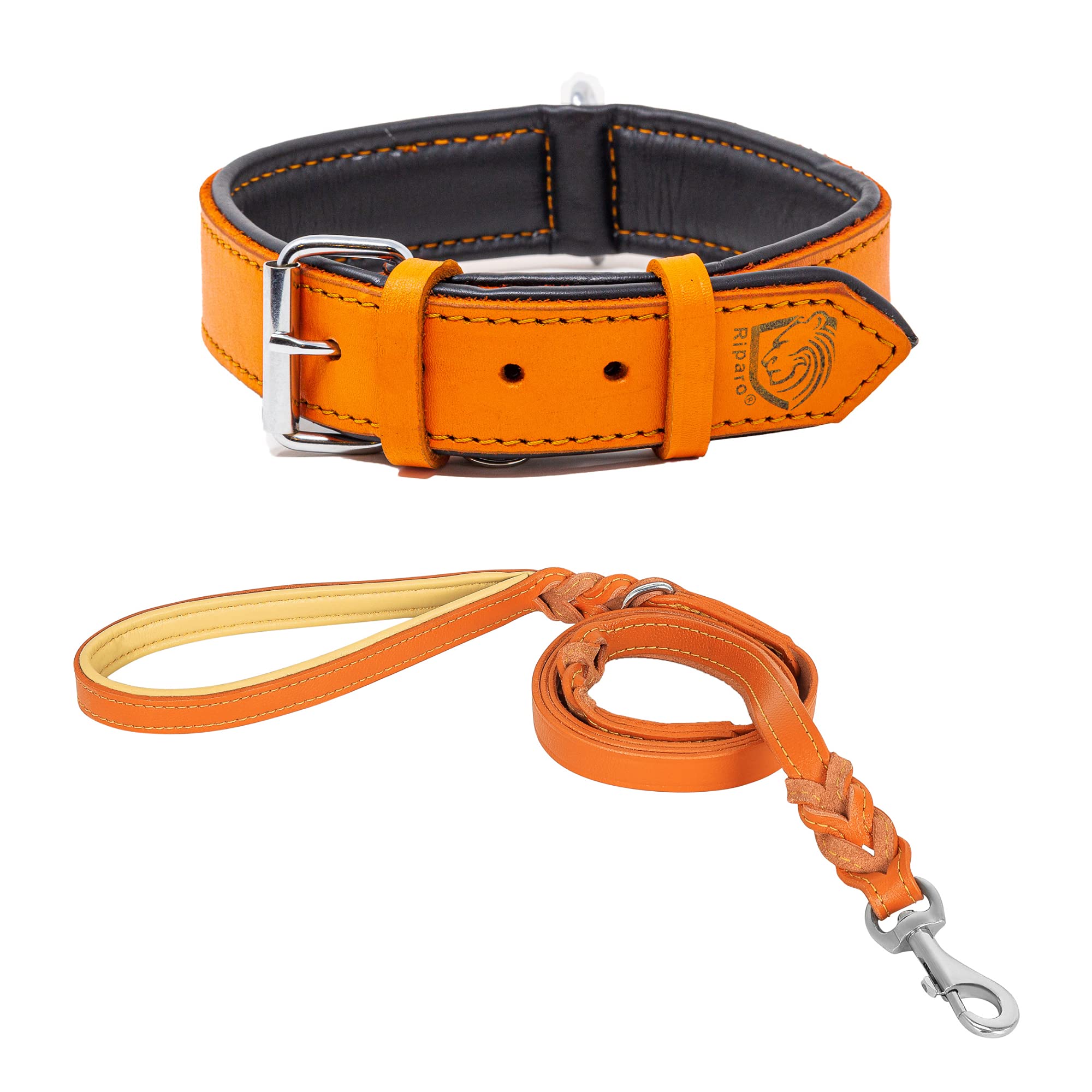 Premium Riparo Leather Dog Collar & Leash Set - 6ft Double Handle Leash & Heavy Duty Wide Collar for Large Dogs | Durable Training & Walking Accessories for German Shepherds, Labs & Big Breeds