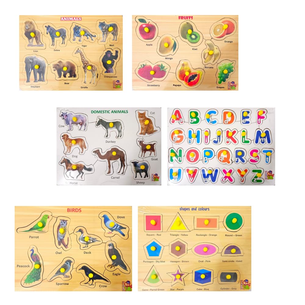 Wooden Learning Boards & Puzzles for Kids 3+ & Adults - Educational Toys Set with Wild Animals, Fruits, Domestic Animals, ABCs, Birds & Shapes - Perfect for Preschool Learning, Family Game Night & Montessori Activities