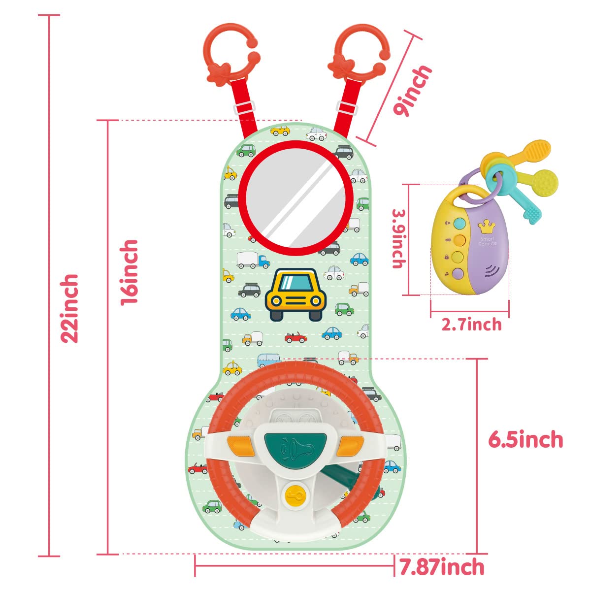 Best Baby Car Seat Toys for Infants & Toddlers - Soft Mirror & Toy Keys with Music, Lights & Driving Sounds - Safe Carseat Steering Wheel Toy for Road Trips & Travel Entertainment