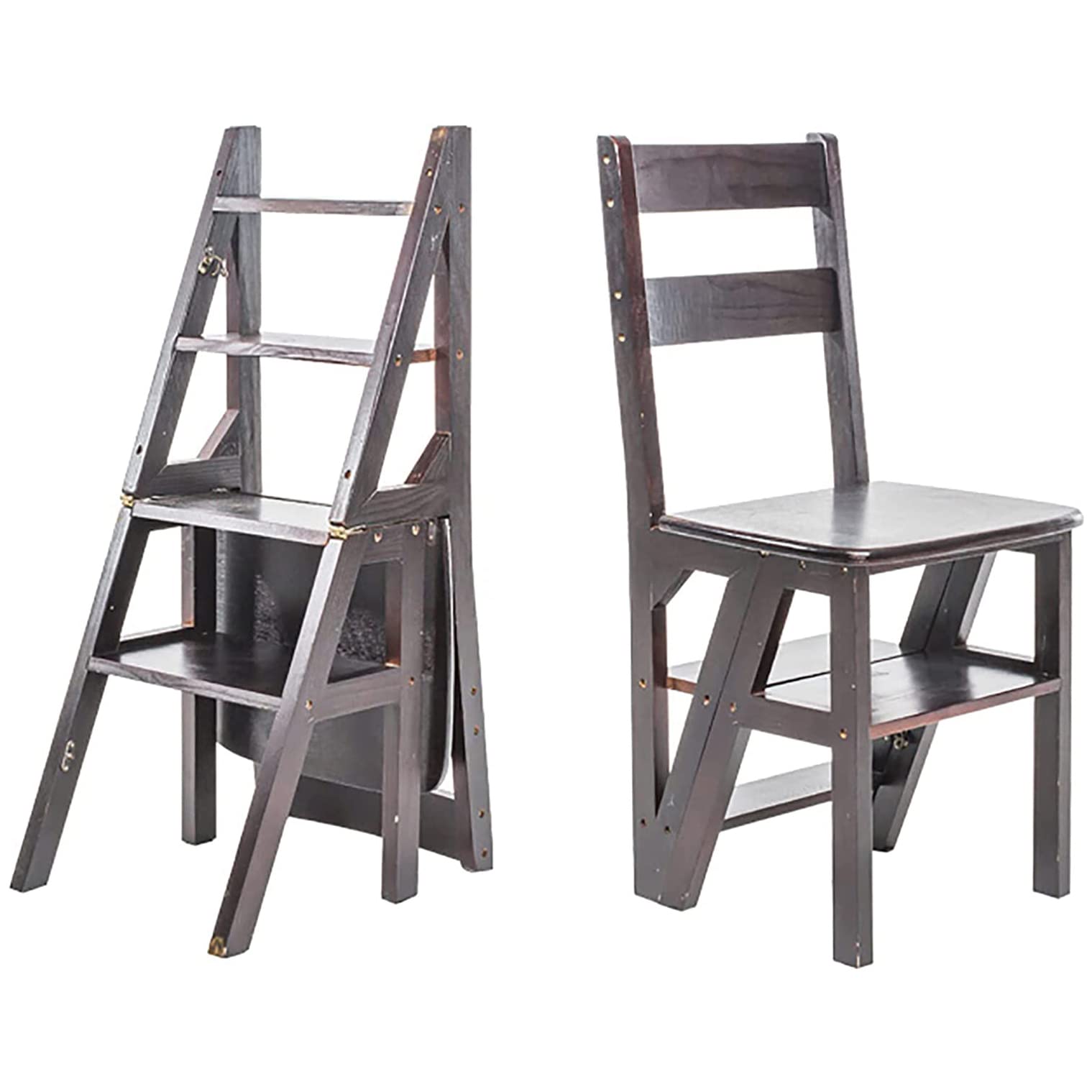 **Vintage Wooden Folding Library Ladder Chair - 2-in-1 Step Stool & Storage Shelf for Kitchen, Living Room, Bedroom - Foldable Step Ladder for Adults, Indoor & Outdoor Use**