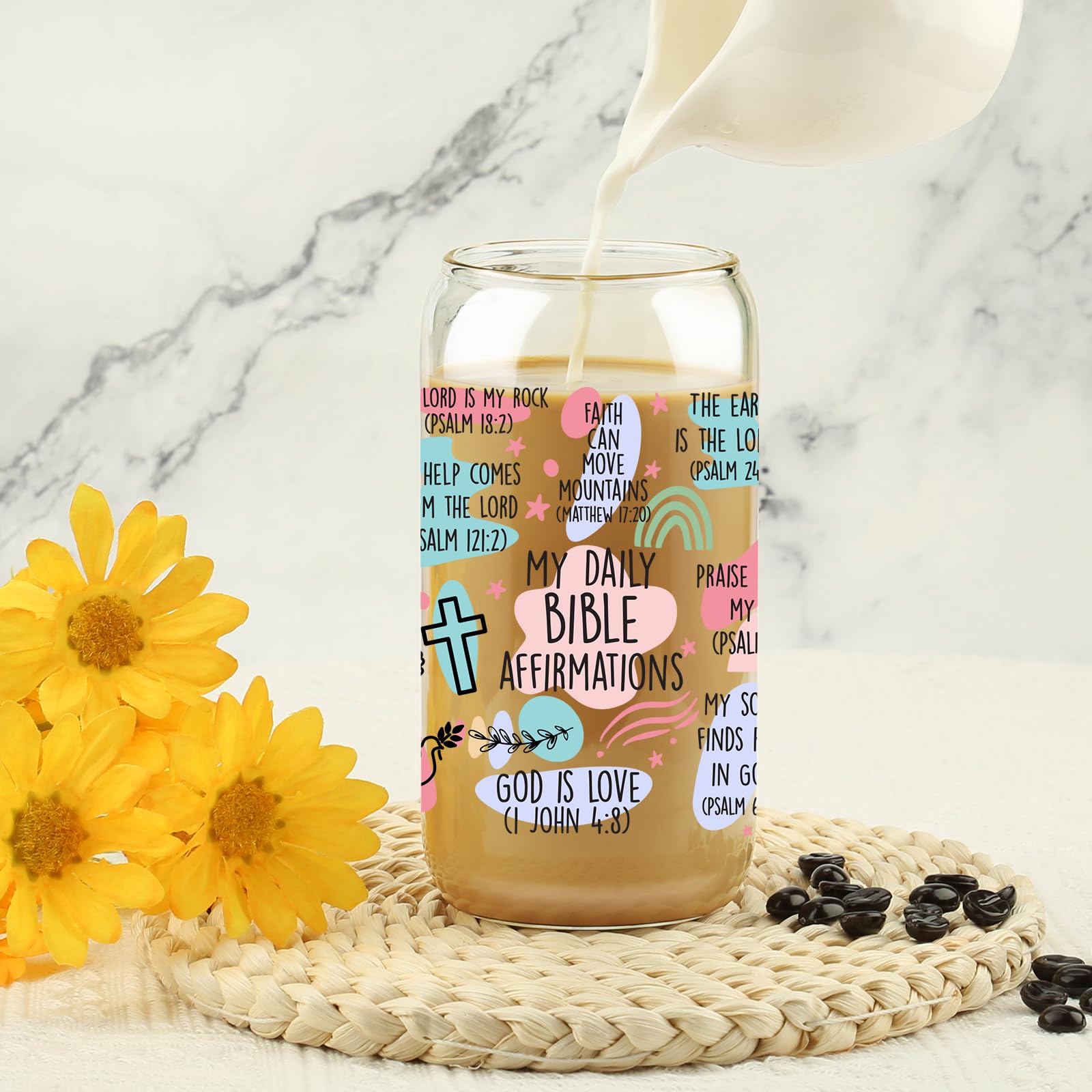 16oz Christian Glass Tumbler with Lid & Straw - Inspirational Bible Verse Prayer Cup for Women, Religious Gift for Easter, Friends, Daily Coffee & Iced Tea Use at Home, Work or Church