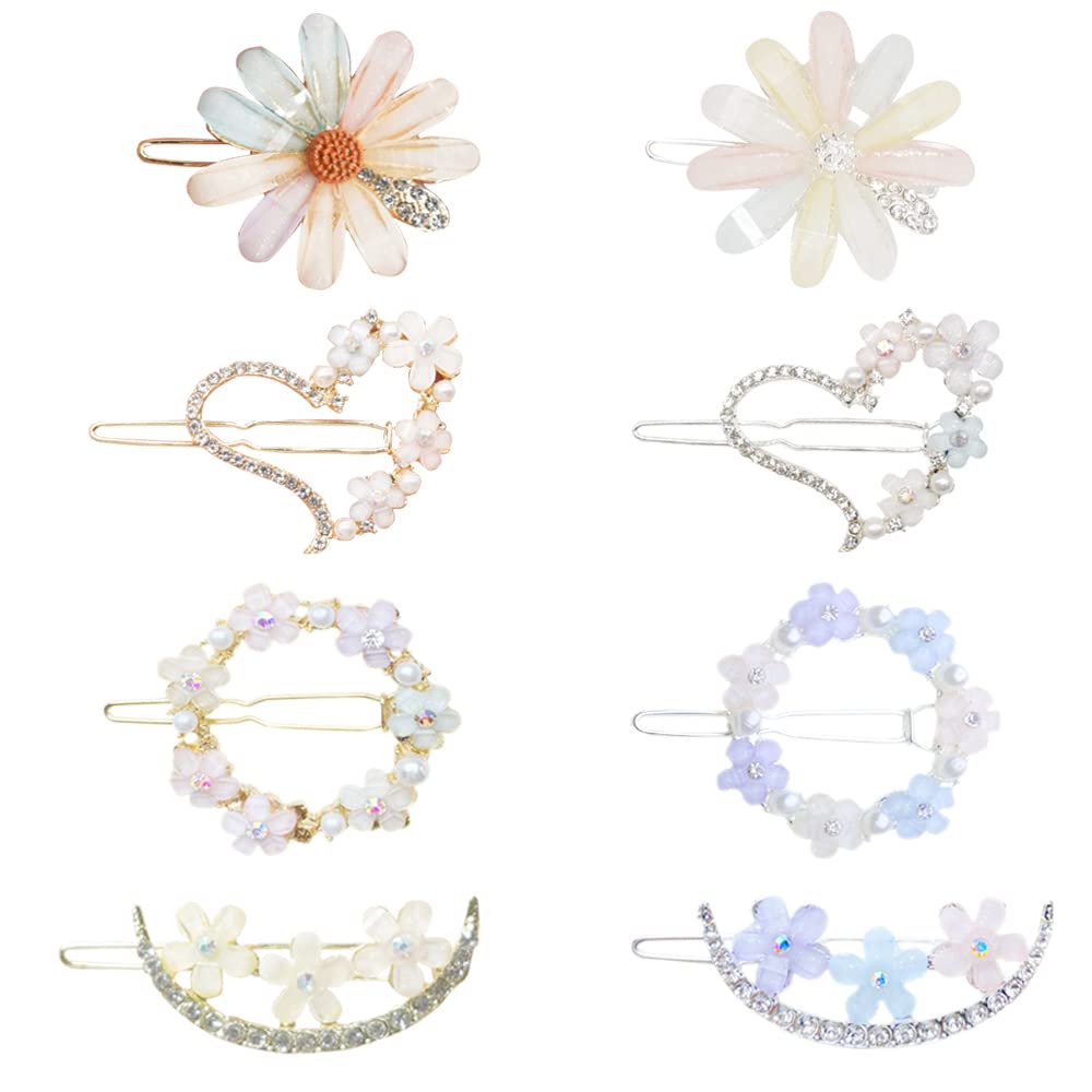 8PCS Glitter Crystal Flower Hair Clips for Women & Girls - Handmade Metal Barrettes Hair Jewelry Accessories Set - Perfect for Weddings, Parties & Everyday Wear
