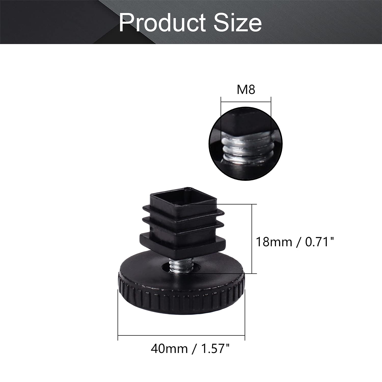 MroMax 8 Sets Adjustable Leveling Feet - 20x20mm Plastic & Metal Square Tube Insert Kit with M8 Thread - Glide Levelers for Home Office Table & Desk Legs (Black) - Perfect for Uneven Floors & Wobbly Furniture