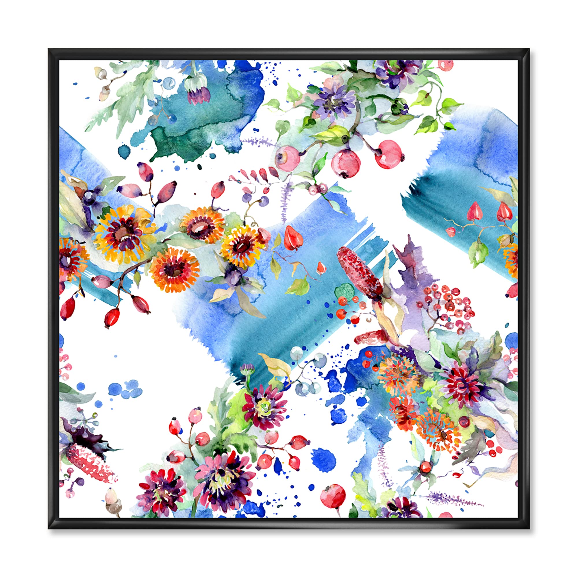 DesignQ Vibrant Wild Spring Leaves & Flowers IX - Modern Framed Canvas Wall Art Print for Living Room, Bedroom & Office Decor