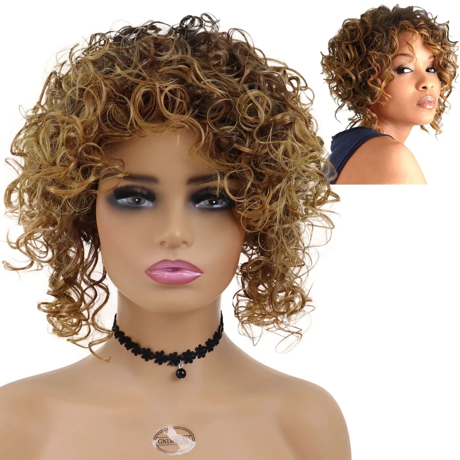 Afro Short Curly Synthetic Wig with Bangs for Women - Heat Resistant High Temperature Fiber Wig in Mix Brown Color | Fashionable & Cute Hairstyle for Cosplay, Parties & Daily Wear