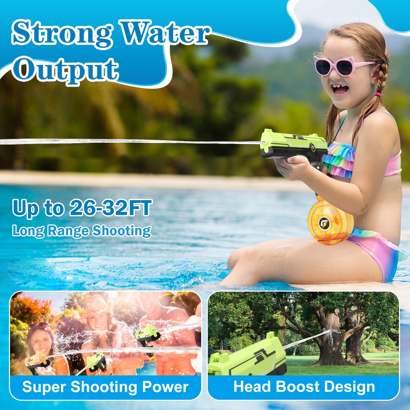 VATOS 4 Pack Rechargeable Electric Water Blaster Squirt Gun Toy - 450CC+58CC Large Capacity Automatic Water Pistol | 32 FT Range Summer Outdoor Water Toys for Kids & Adults | Perfect for Beach, Pool, Backyard Battles and Birthday Parties