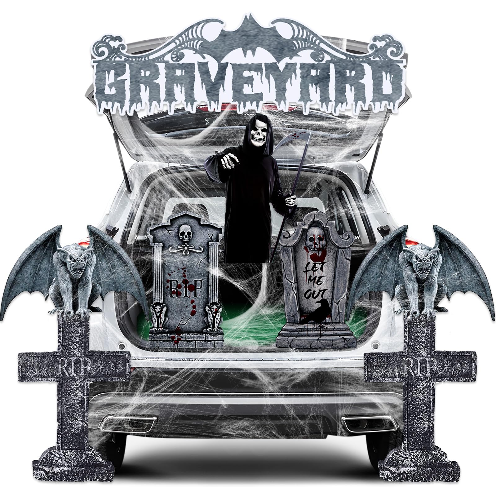 Qtencas Halloween Trunk or Treat Car Decoration Kit - Spooky Archway Garage Decor & Graveyard Car Trunk Stickers for Halloween Party Decorations