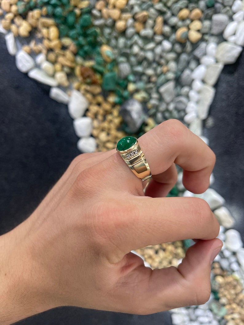 4.93tcw 14K Gold Natural Emerald Cabochon Oval Cut Diamond Accent Men's Ring for Wedding, Engagement & Gift - Handmade Jewelry for Him