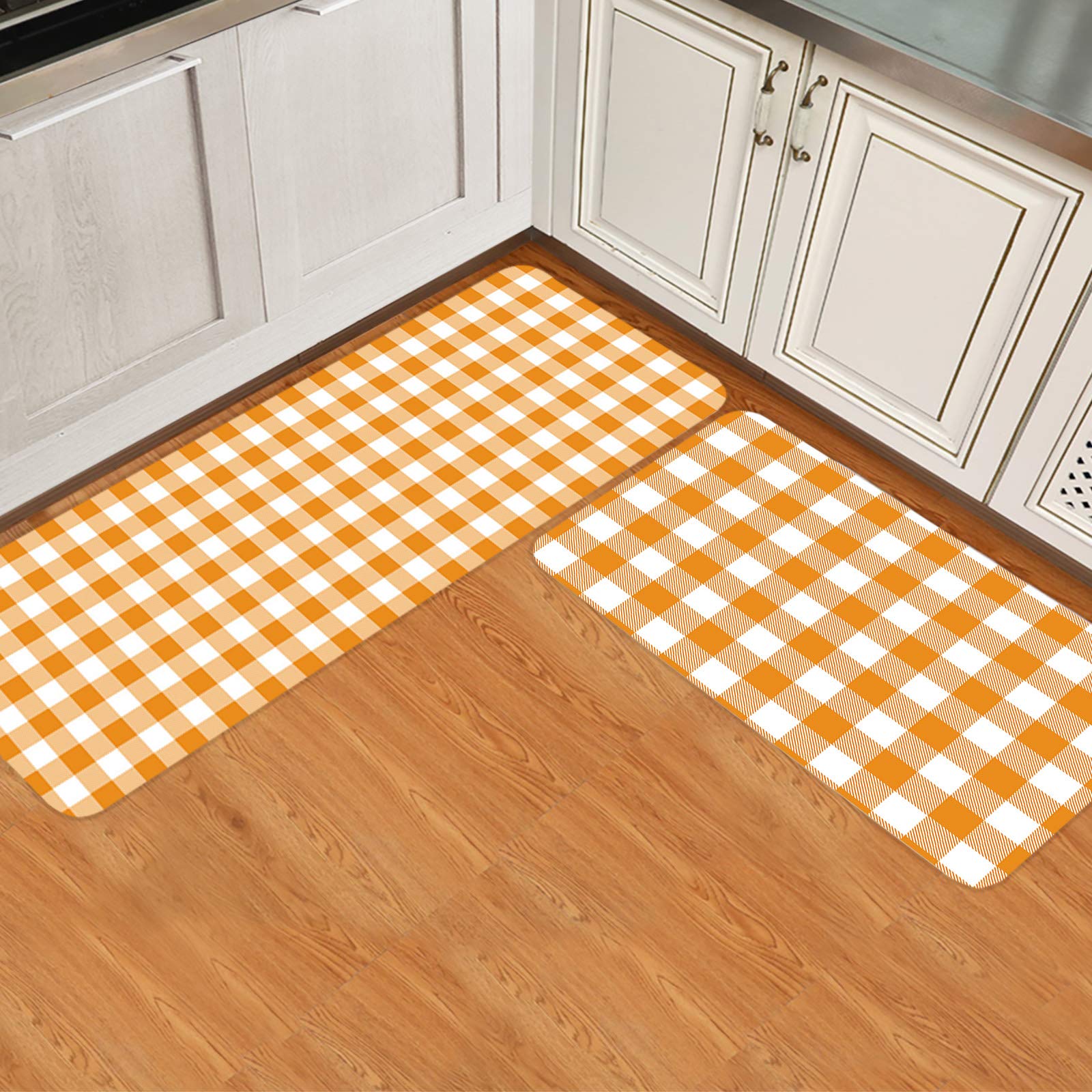 Buffalo Plaid Orange Kitchen Mat Set of 2 - Cushioned Anti-Fatigue Floor Mats, Waterproof & Non-Slip Kitchen Rugs for Farmhouse Style - Perfect for Kitchen, Laundry Room & High-Traffic Areas