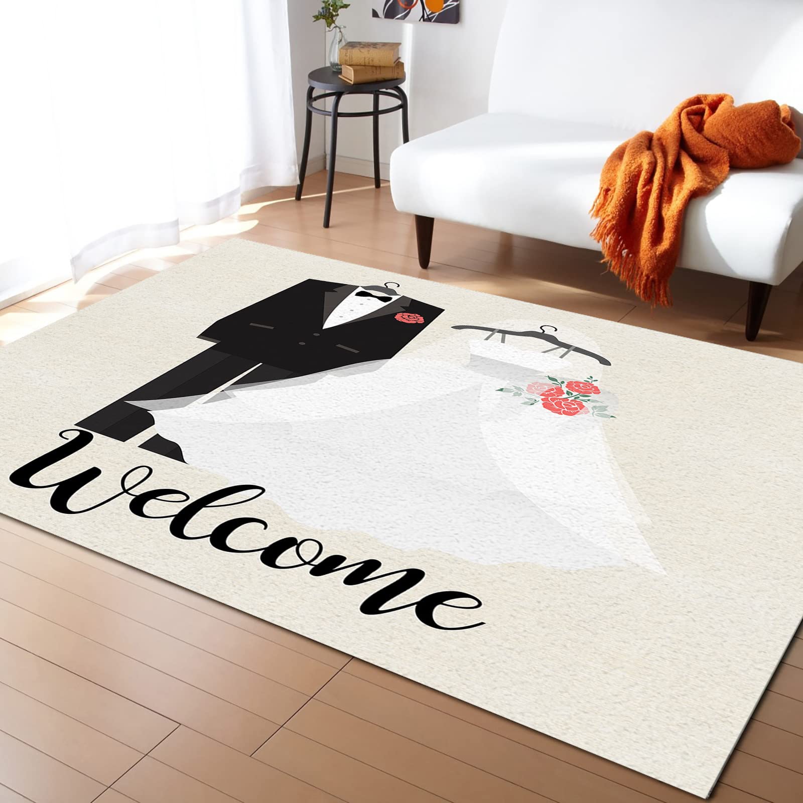 5' x 8' Floral Wedding Dress Area Rug - Black White Pink Washable Carpet for Indoor & Outdoor Use | Perfect for Living Room, Bedroom, Bathroom, Classroom, Kitchen & Hallway | Great for Weddings, Home Decor & Floor Protection